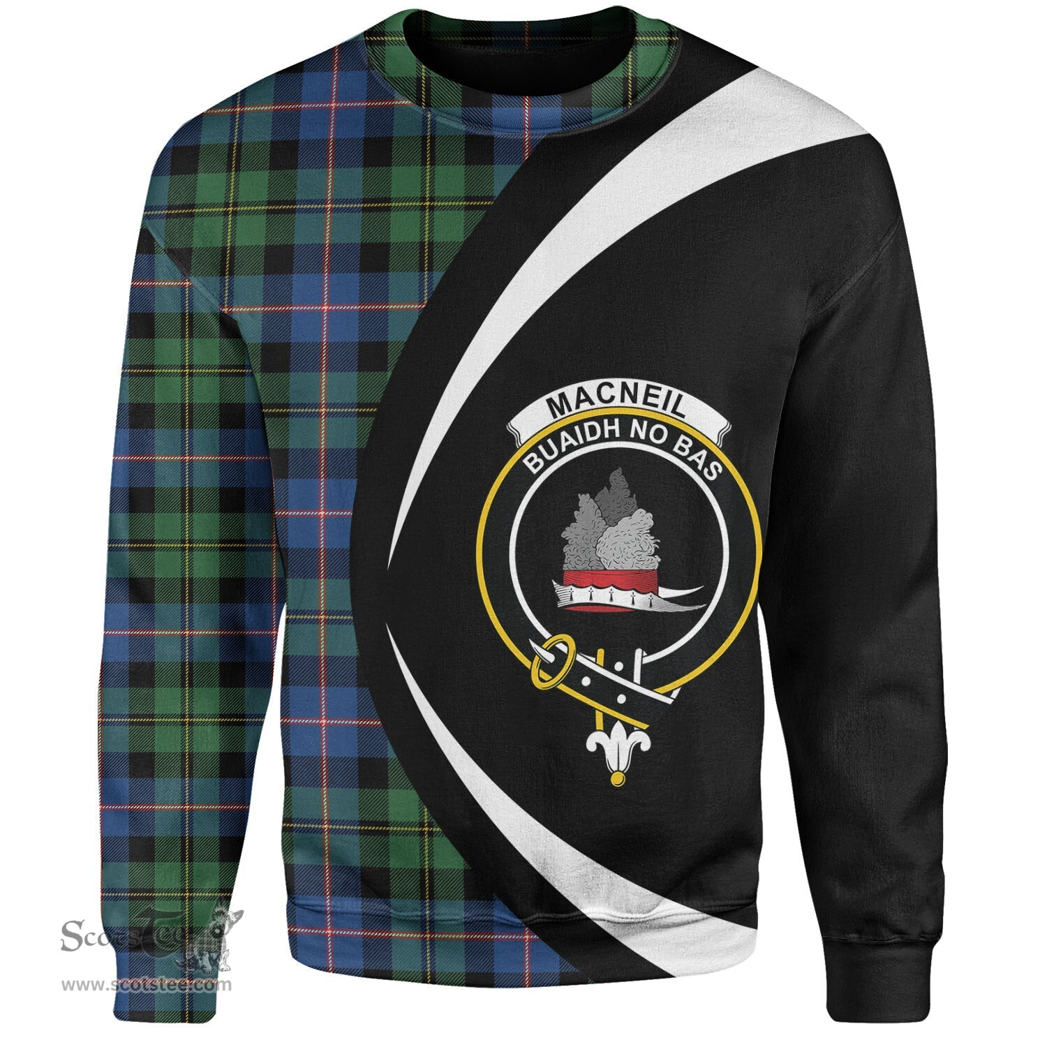 ScotsTee Shop Scottish MacNeil of Barra Old (MacNeill Old) Modern Clan Crest Personalized Tartan Sweatshirt Circle Style Back Shirt with Your Text