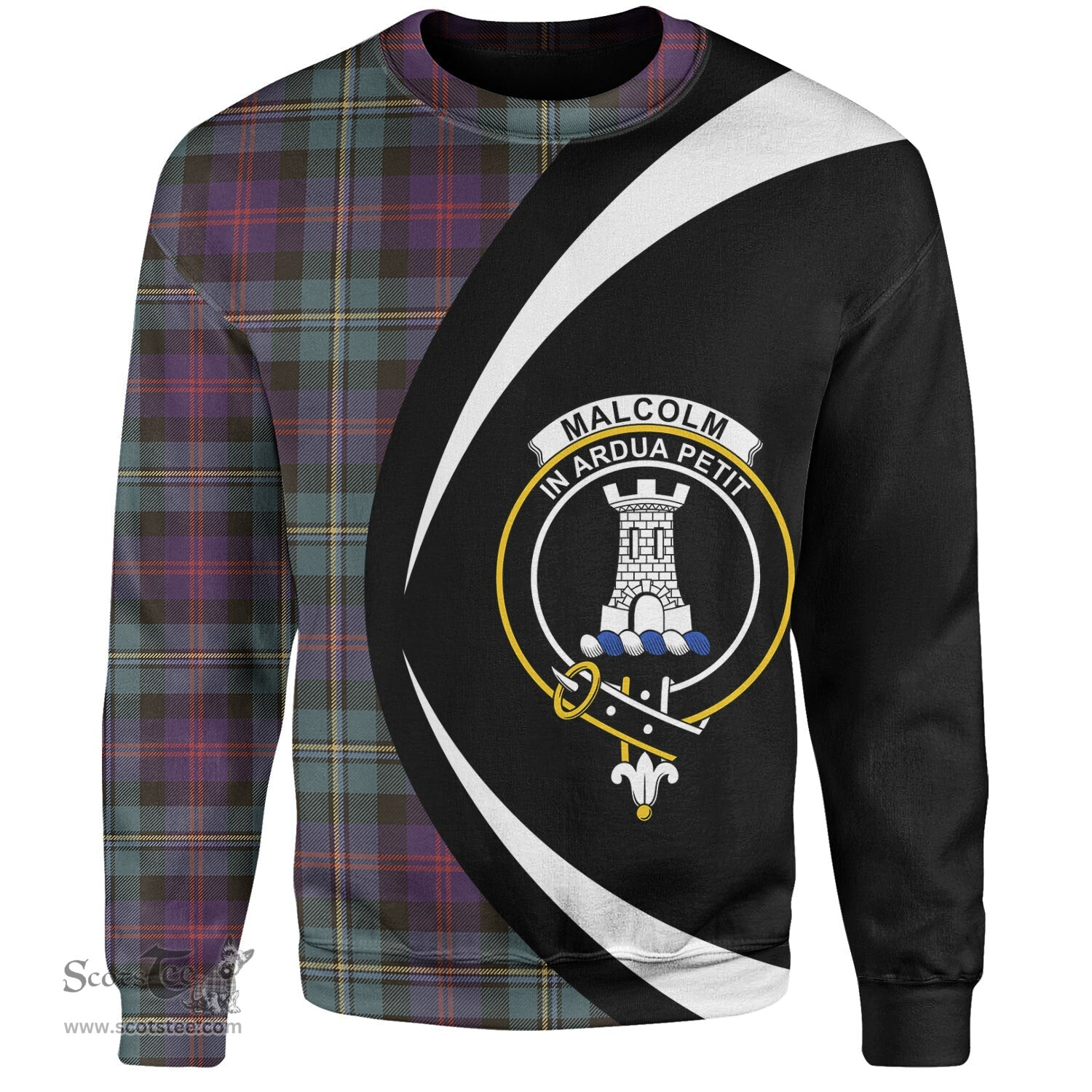 ScotsTee Shop Scottish Malcolm Weathered Clan Crest Personalized Tartan Sweatshirt Circle Style Back Shirt with Your Text