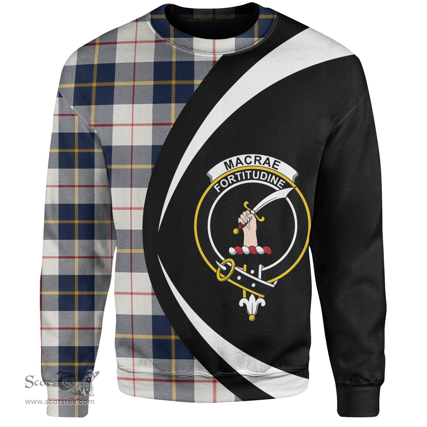 ScotsTee Shop Scottish MacRae of Conchra Modern Clan Crest Personalized Tartan Sweatshirt Circle Style Back Shirt with Your Text
