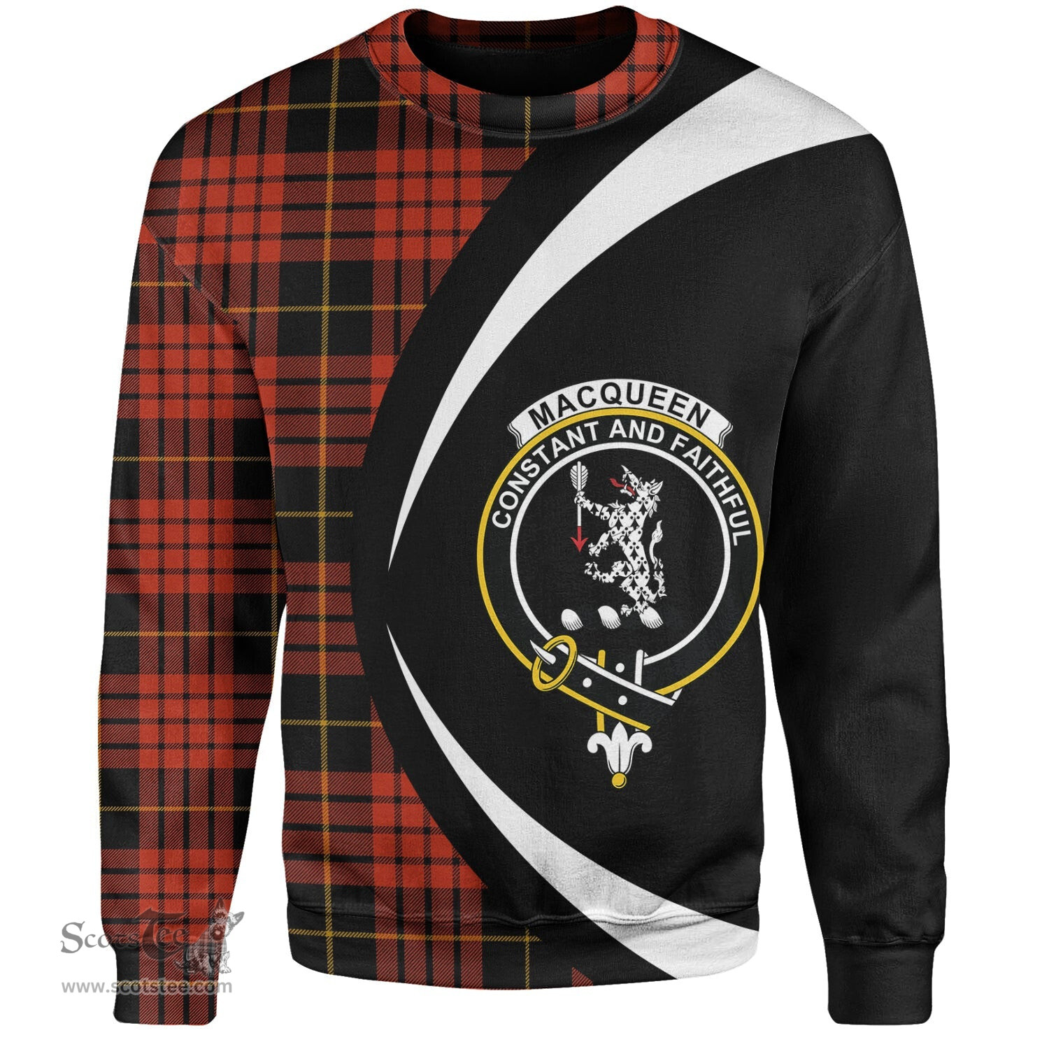 ScotsTee Shop Scottish MacQueen Ancient Clan Crest Personalized Tartan Sweatshirt Circle Style Back Shirt with Your Text