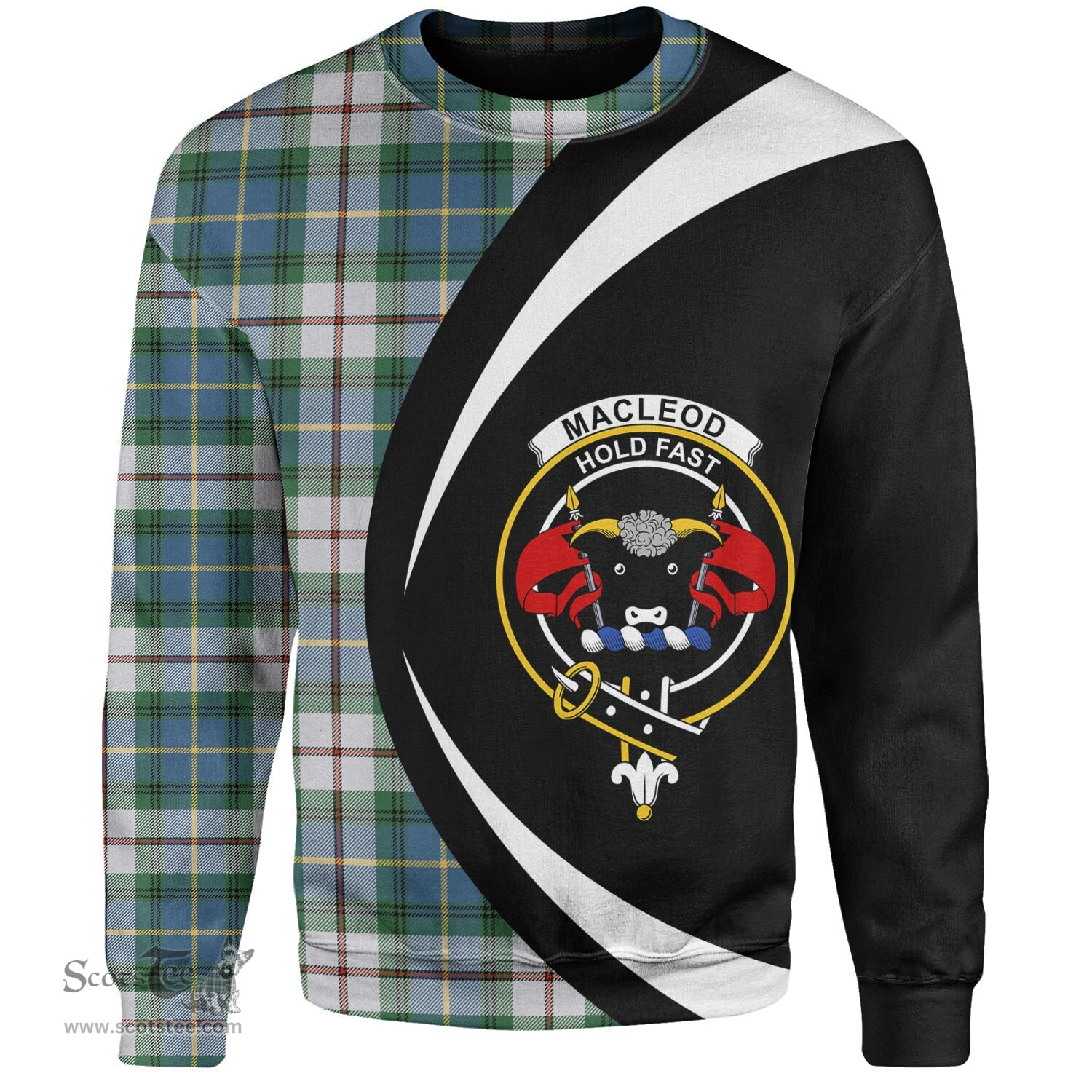 ScotsTee Shop Scottish MacLeod of California Ancient Clan Crest Personalized Tartan Sweatshirt Circle Style Back Shirt with Your Text