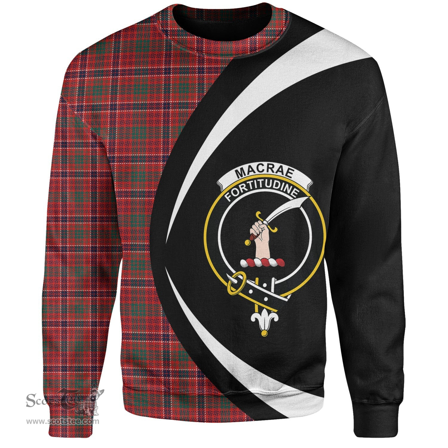 ScotsTee Shop Scottish MacRae Modern Clan Crest Personalized Tartan Sweatshirt Circle Style Back Shirt with Your Text