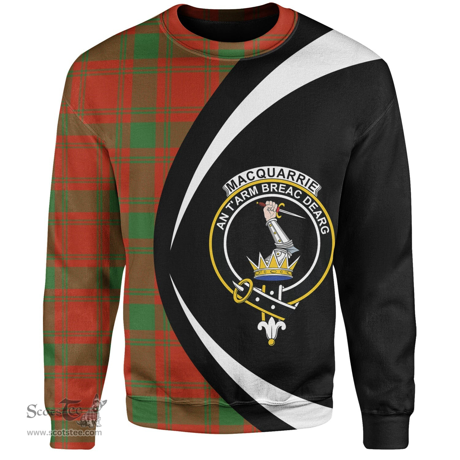 ScotsTee Shop Scottish MacQuarrie (MacGuarie) Ancient Clan Crest Personalized Tartan Sweatshirt Circle Style Back Shirt with Your Text