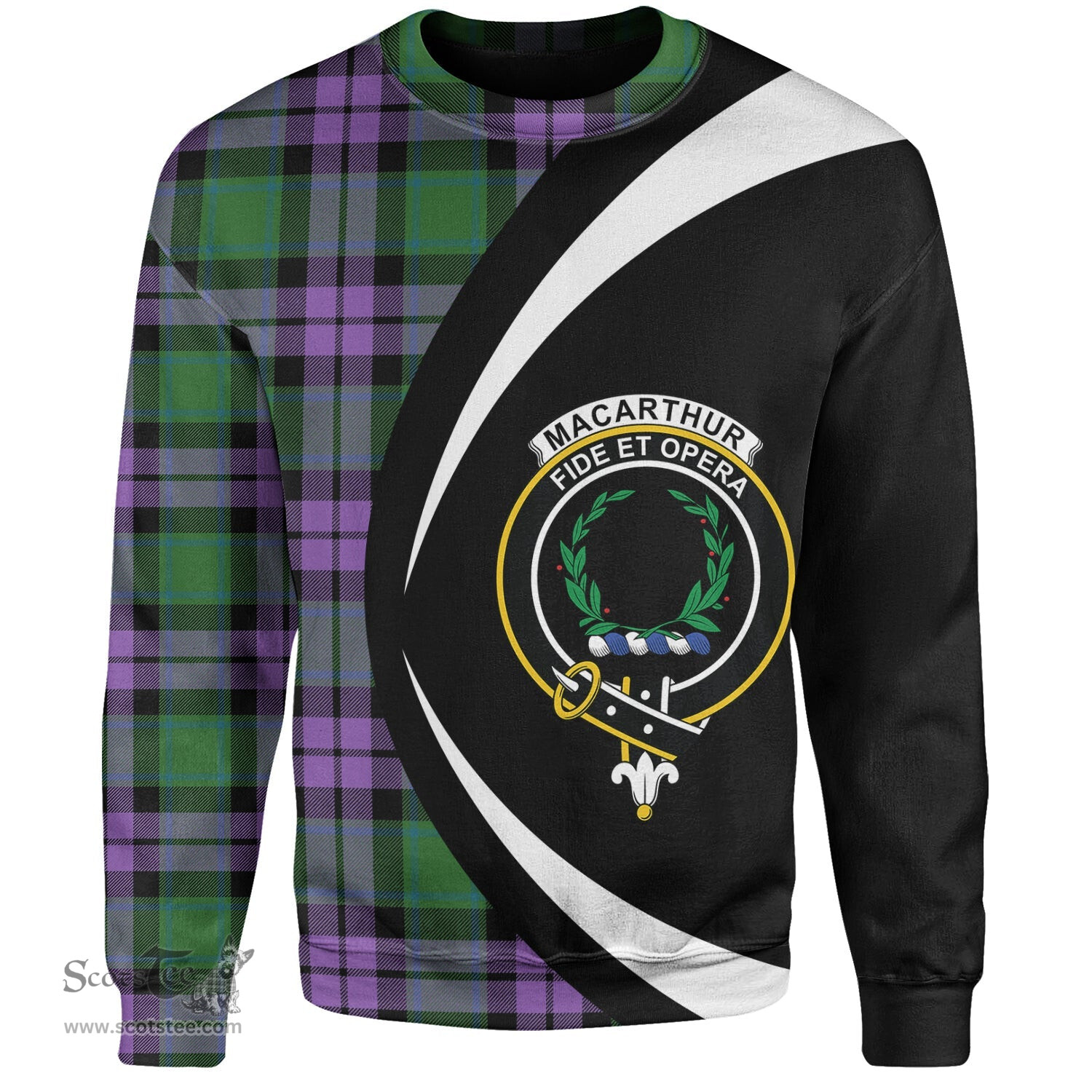 ScotsTee Shop Scottish MacArthur of Milton Ancient Clan Crest Personalized Tartan Sweatshirt Circle Style Back Shirt with Your Text