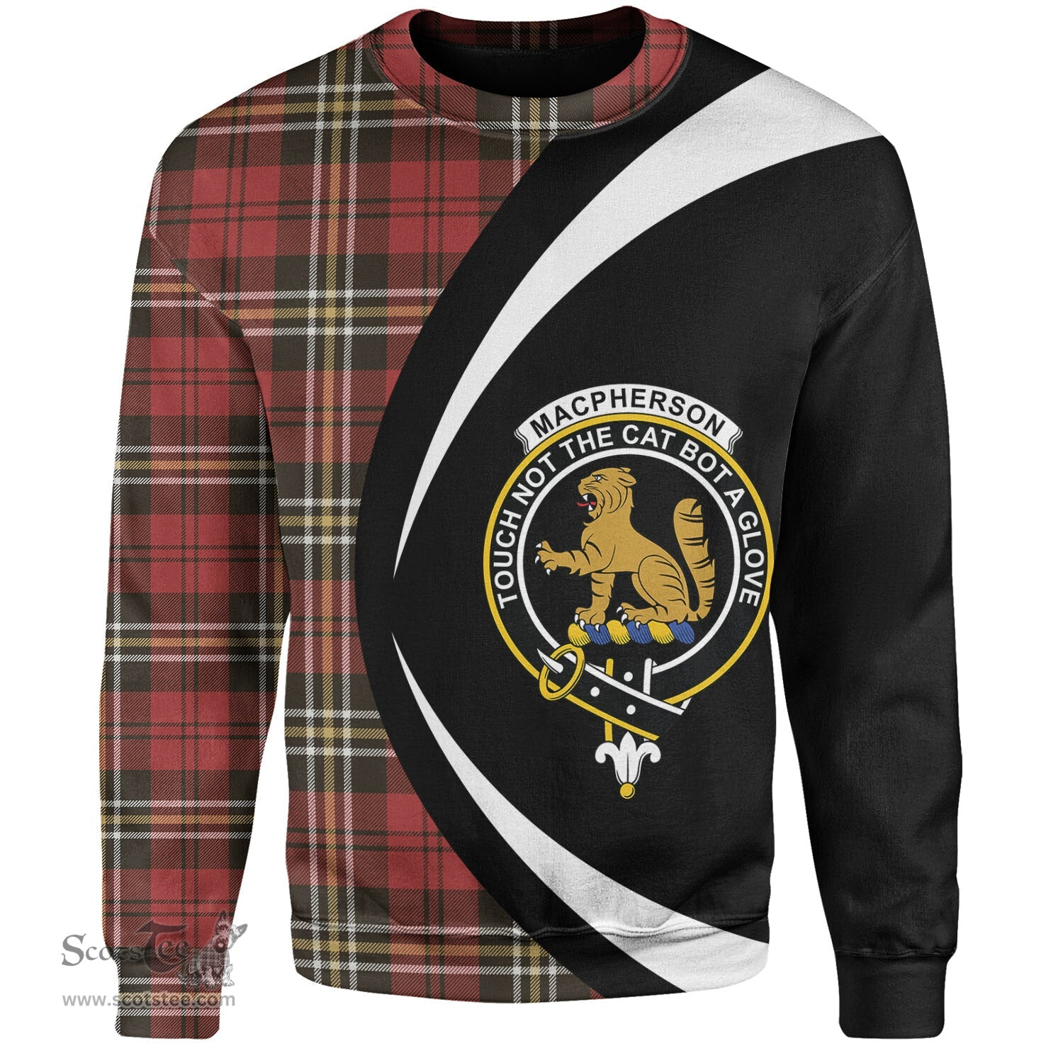 ScotsTee Shop Scottish MacPherson of Cluny Red Weathered Clan Crest Personalized Tartan Sweatshirt Circle Style Back Shirt with Your Text