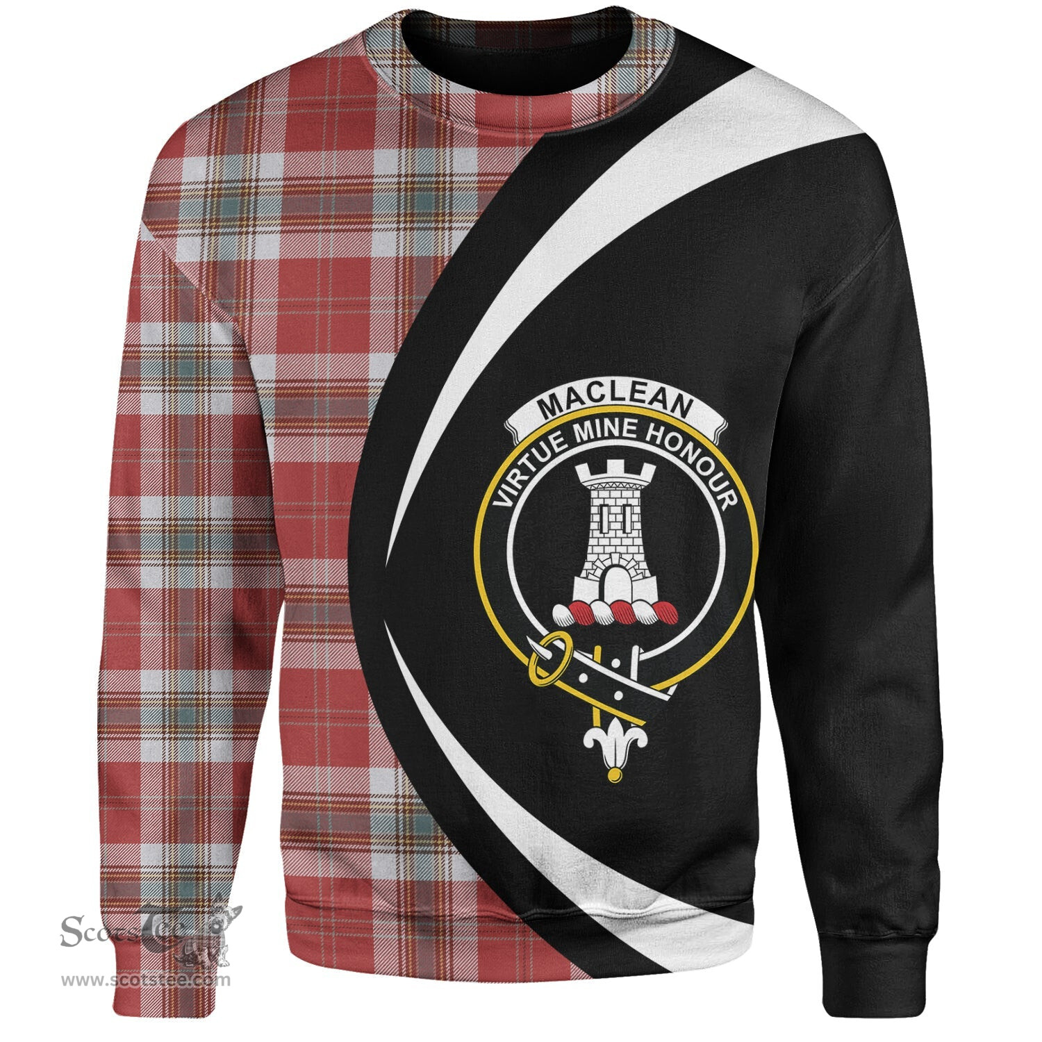 ScotsTee Shop Scottish MacLean of Duart Dress Red Weathered Clan Crest Personalized Tartan Sweatshirt Circle Style Back Shirt with Your Text