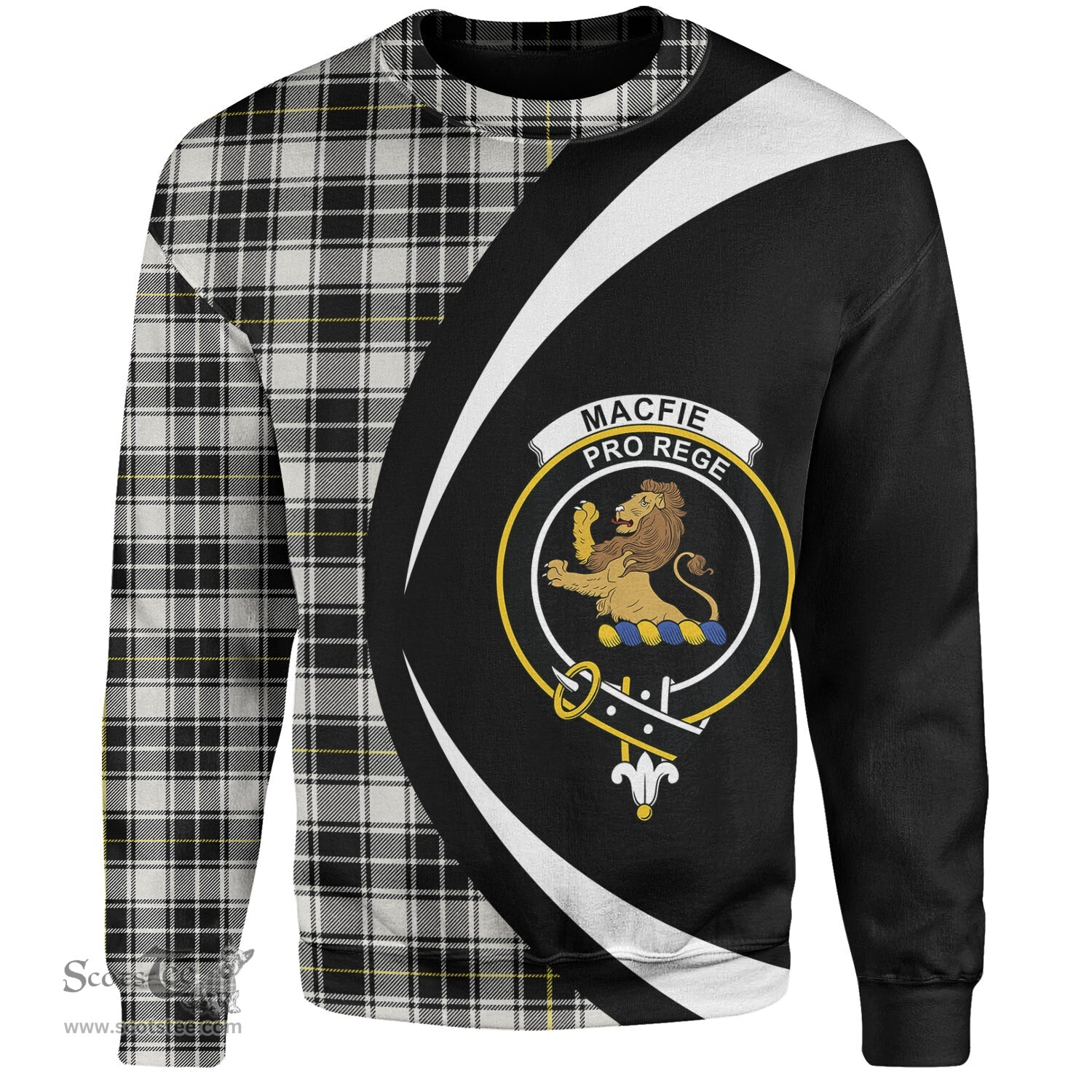 ScotsTee Shop Scottish MacFie of Colonsay Dress (MacPhee of Colonsay Dress) Modern Clan Crest Personalized Tartan Sweatshirt Circle Style Back Shirt with Your Text