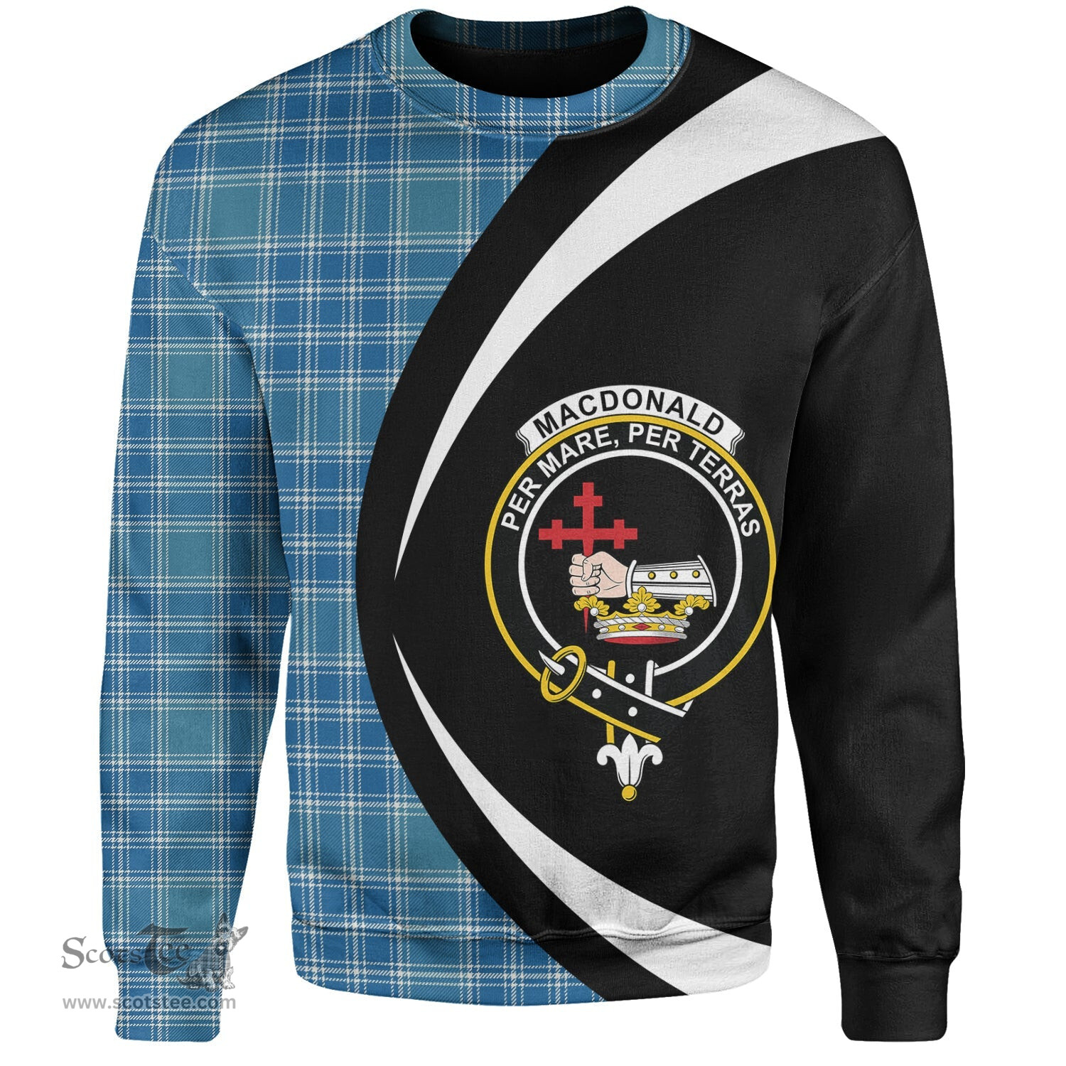ScotsTee Shop Scottish MacDonald Lord of the Isles Hunting Blue (Donald Lord of the Isles Hunting Blue) Ancient Clan Crest Personalized Tartan Sweatshirt Circle Style Back Shirt with Your Text