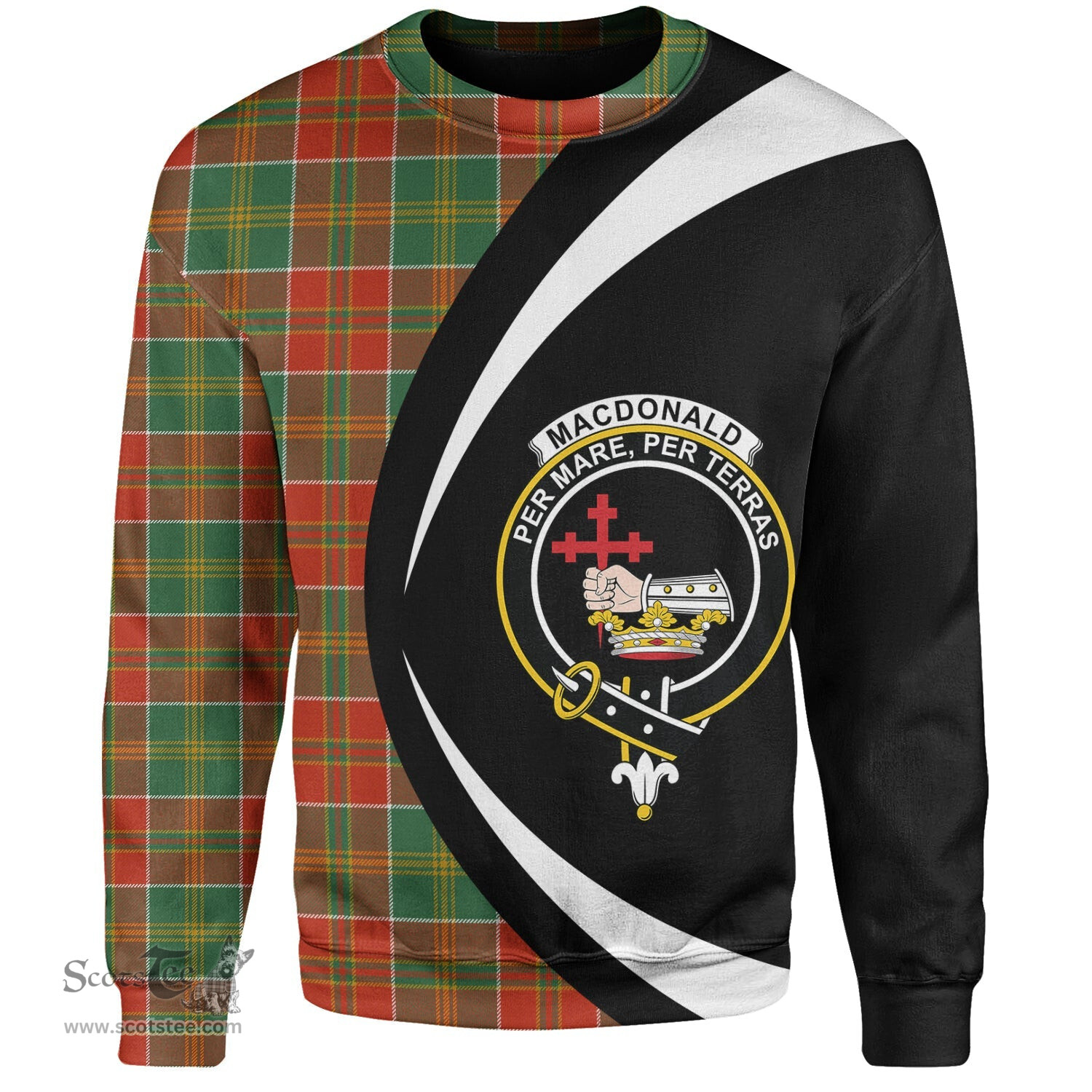 ScotsTee Shop Scottish MacDonald of Kingsburgh (Donald of Kingsburgh) Ancient Clan Crest Personalized Tartan Sweatshirt Circle Style Back Shirt with Your Text