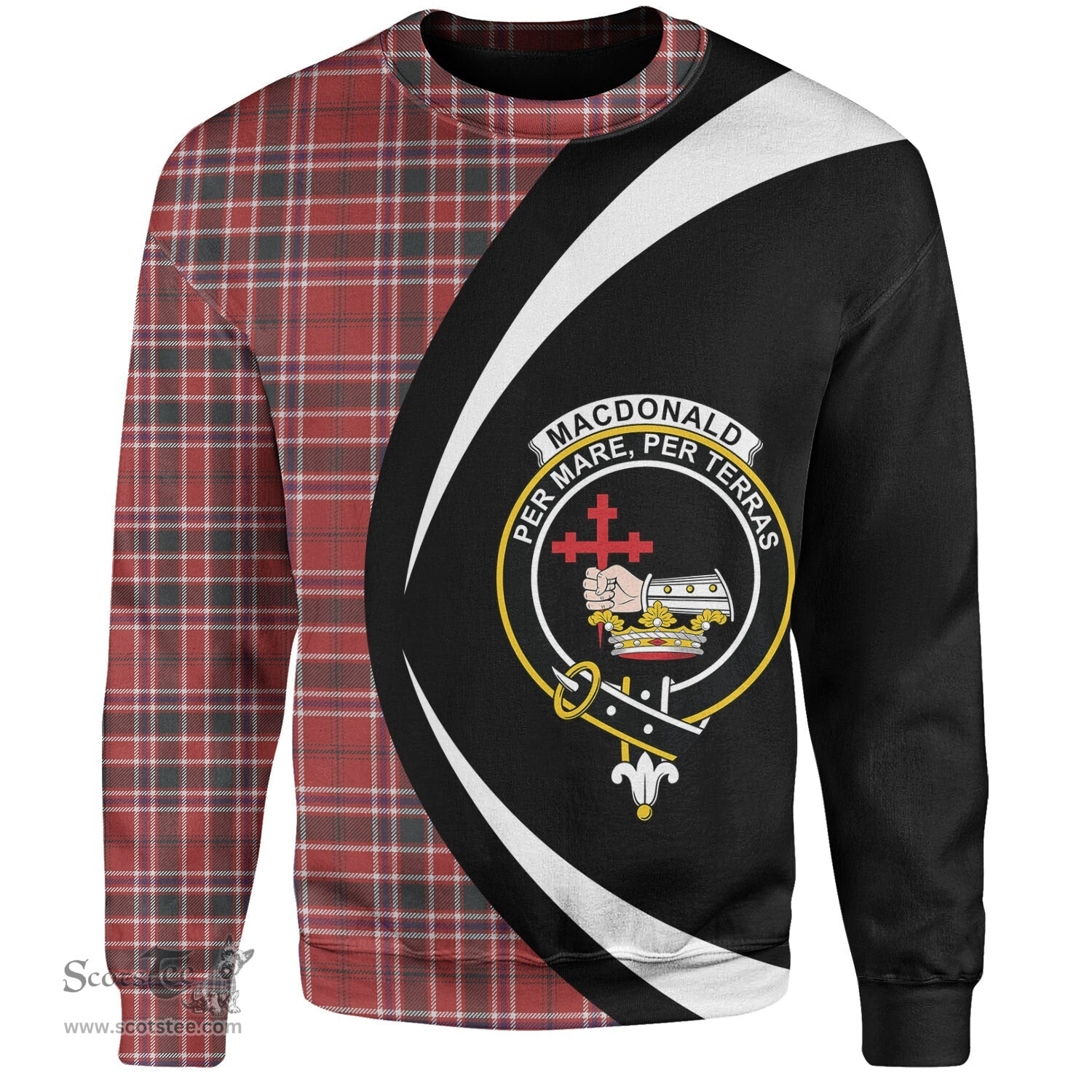 ScotsTee Shop Scottish MacDonald of Lochmaddy (Donald of Loch Mhaddy) Weathered Clan Crest Personalized Tartan Sweatshirt Circle Style Back Shirt with Your Text