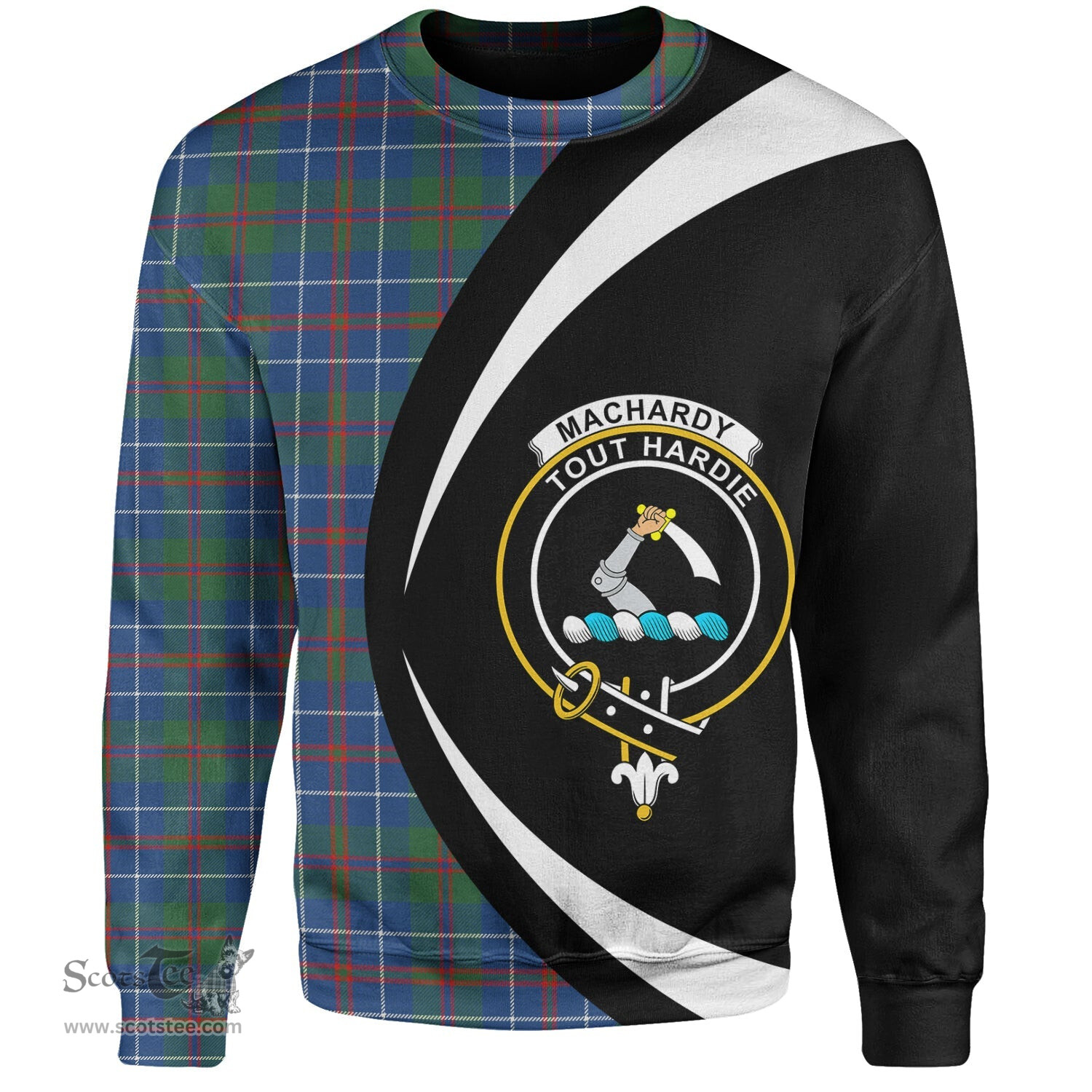 ScotsTee Shop Scottish MacHardy Modern Clan Crest Personalized Tartan Sweatshirt Circle Style Back Shirt with Your Text