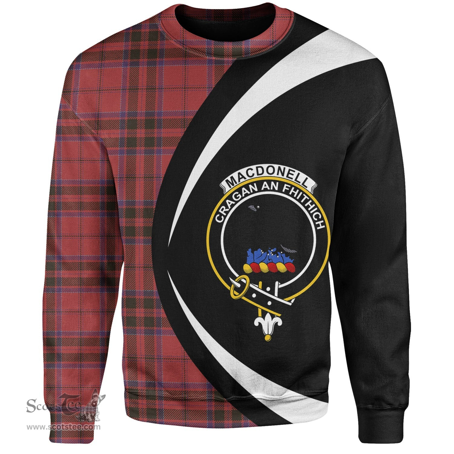 ScotsTee Shop Scottish MacDonell of Keppoch Weathered Clan Crest Personalized Tartan Sweatshirt Circle Style Back Shirt with Your Text