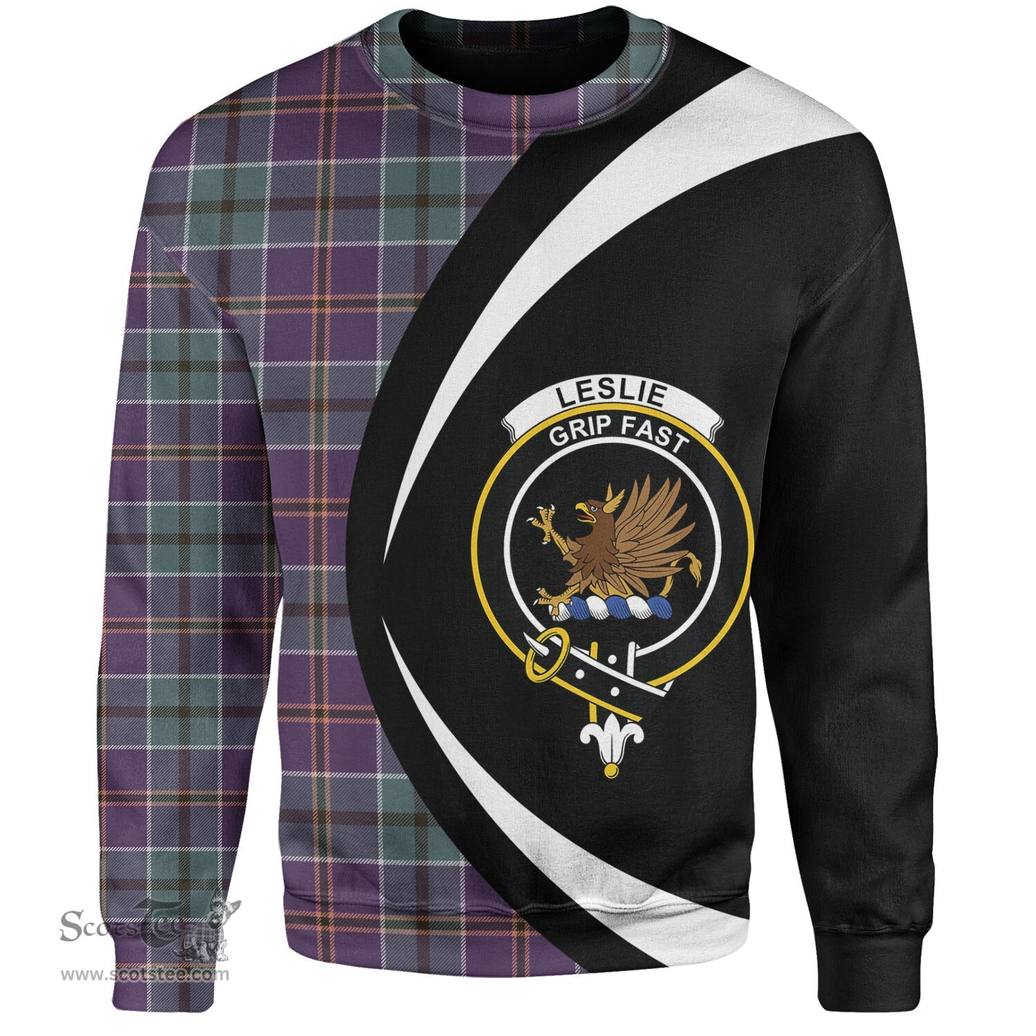 ScotsTee Shop Scottish Leslie of the Hebrides Weathered Clan Crest Personalized Tartan Sweatshirt Circle Style Back Shirt with Your Text