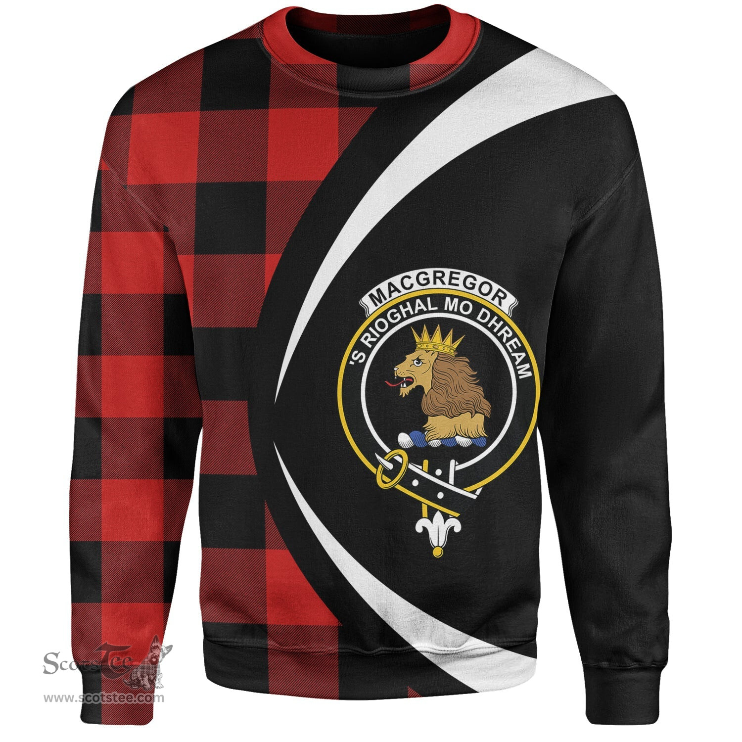 ScotsTee Shop Scottish MacGregor Rob Roy (Gregor Red & Black) Modern Clan Crest Personalized Tartan Sweatshirt Circle Style Back Shirt with Your Text