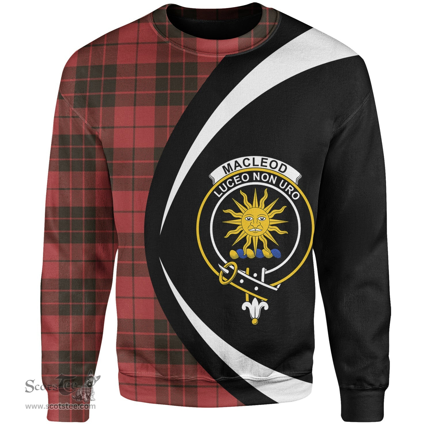 ScotsTee Shop Scottish MacLeod of Raasay Weathered Clan Crest Personalized Tartan Sweatshirt Circle Style Back Shirt with Your Text