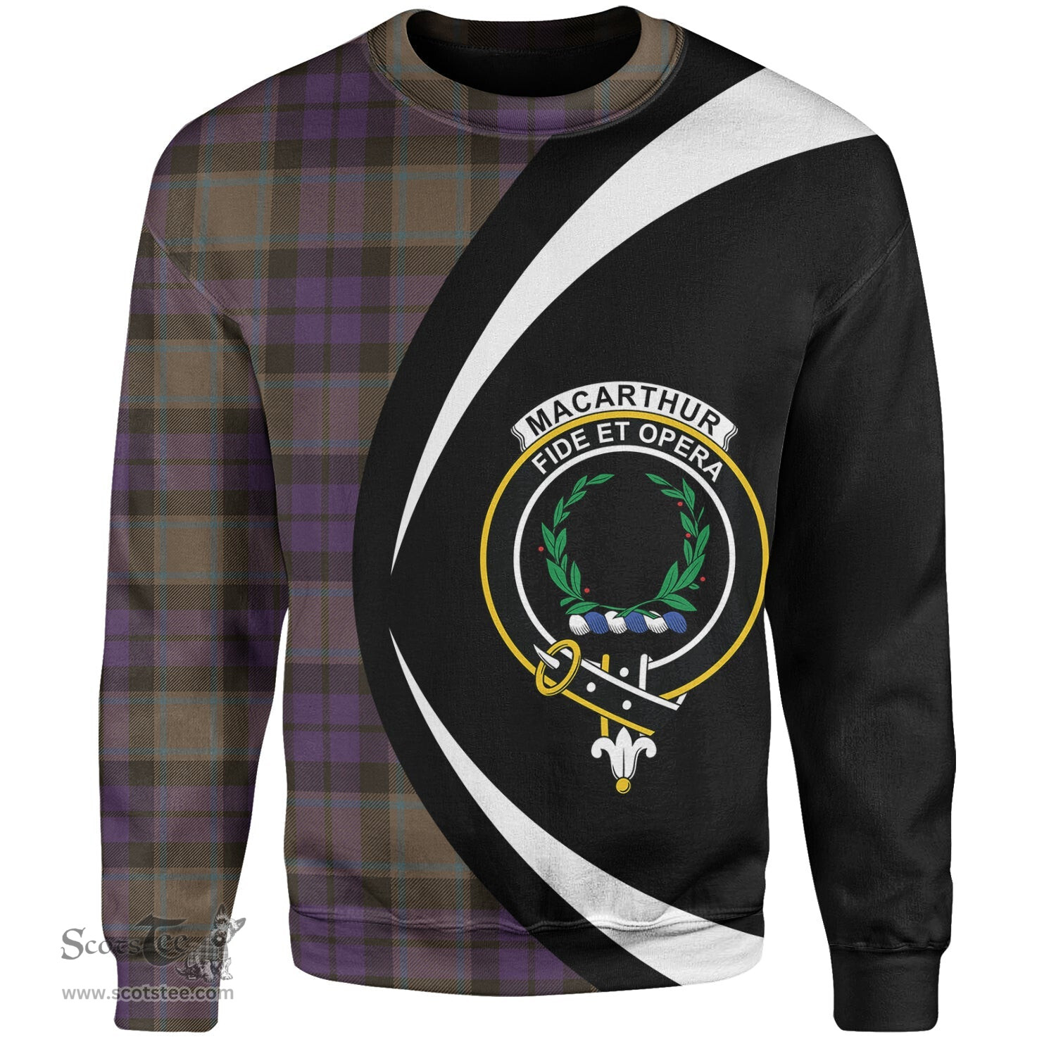 ScotsTee Shop Scottish MacArthur of Milton Weathered Clan Crest Personalized Tartan Sweatshirt Circle Style Back Shirt with Your Text