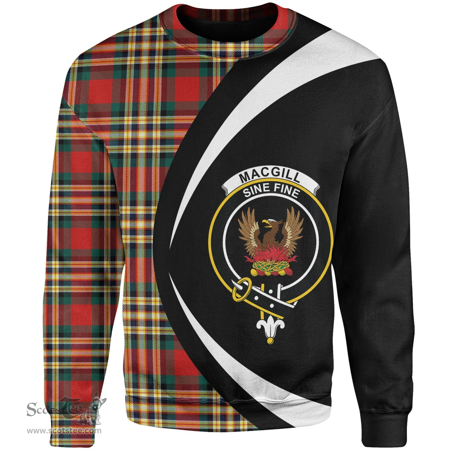 ScotsTee Shop Scottish MacGill Modern Clan Crest Personalized Tartan Sweatshirt Circle Style Back Shirt with Your Text