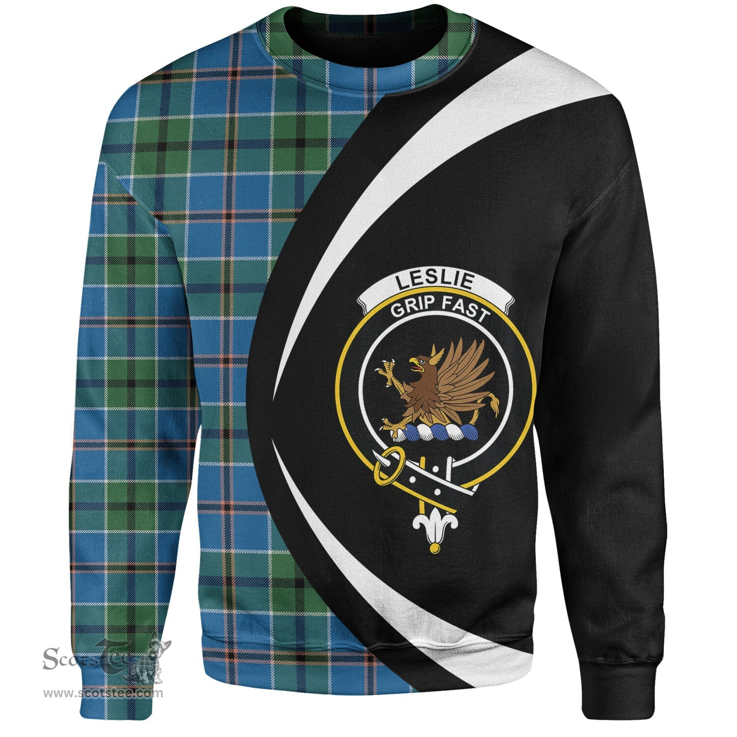 ScotsTee Shop Scottish Leslie of the Hebrides Ancient Clan Crest Personalized Tartan Sweatshirt Circle Style Back Shirt with Your Text