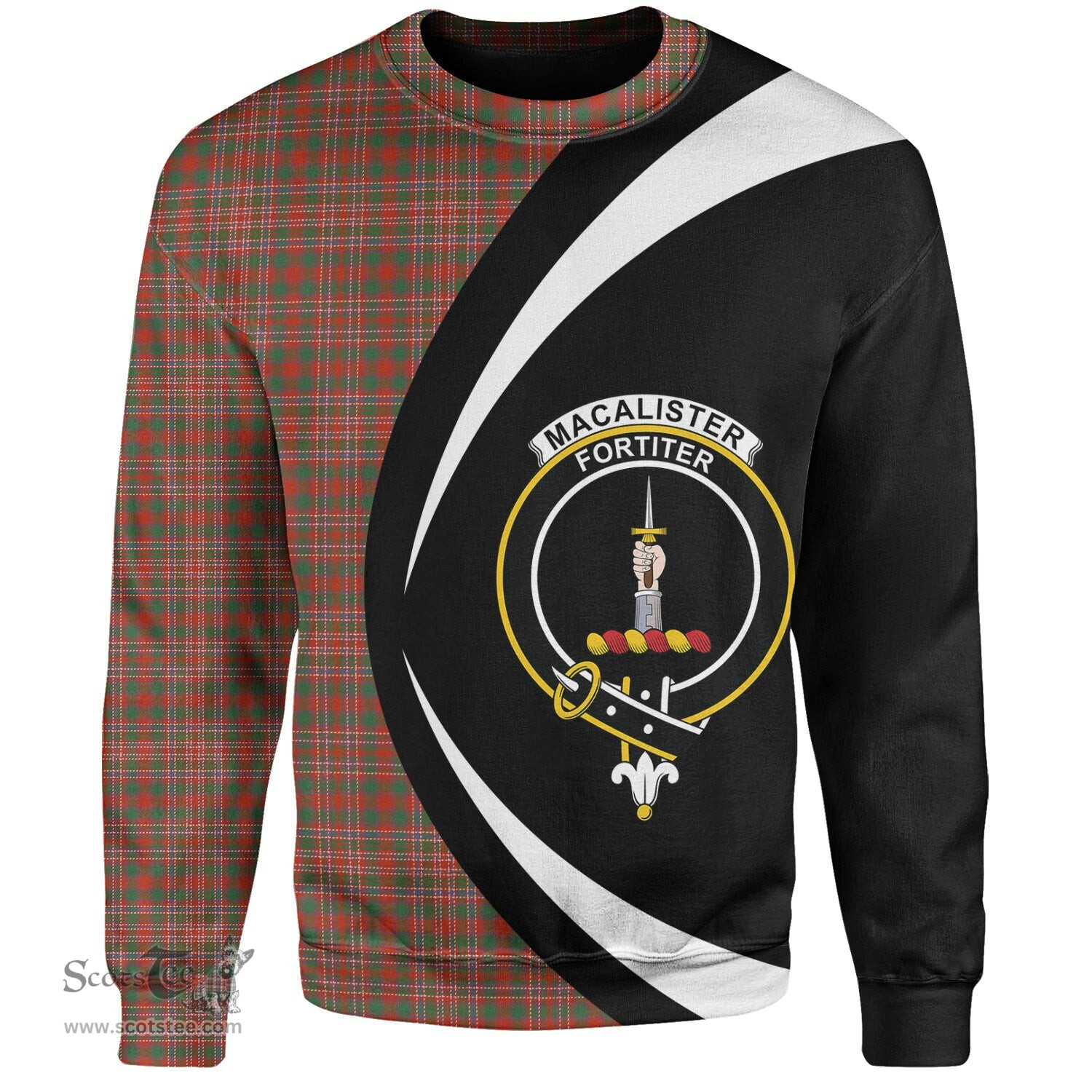 ScotsTee Shop Scottish MacAlister Ancient Clan Crest Personalized Tartan Sweatshirt Circle Style Back Shirt with Your Text