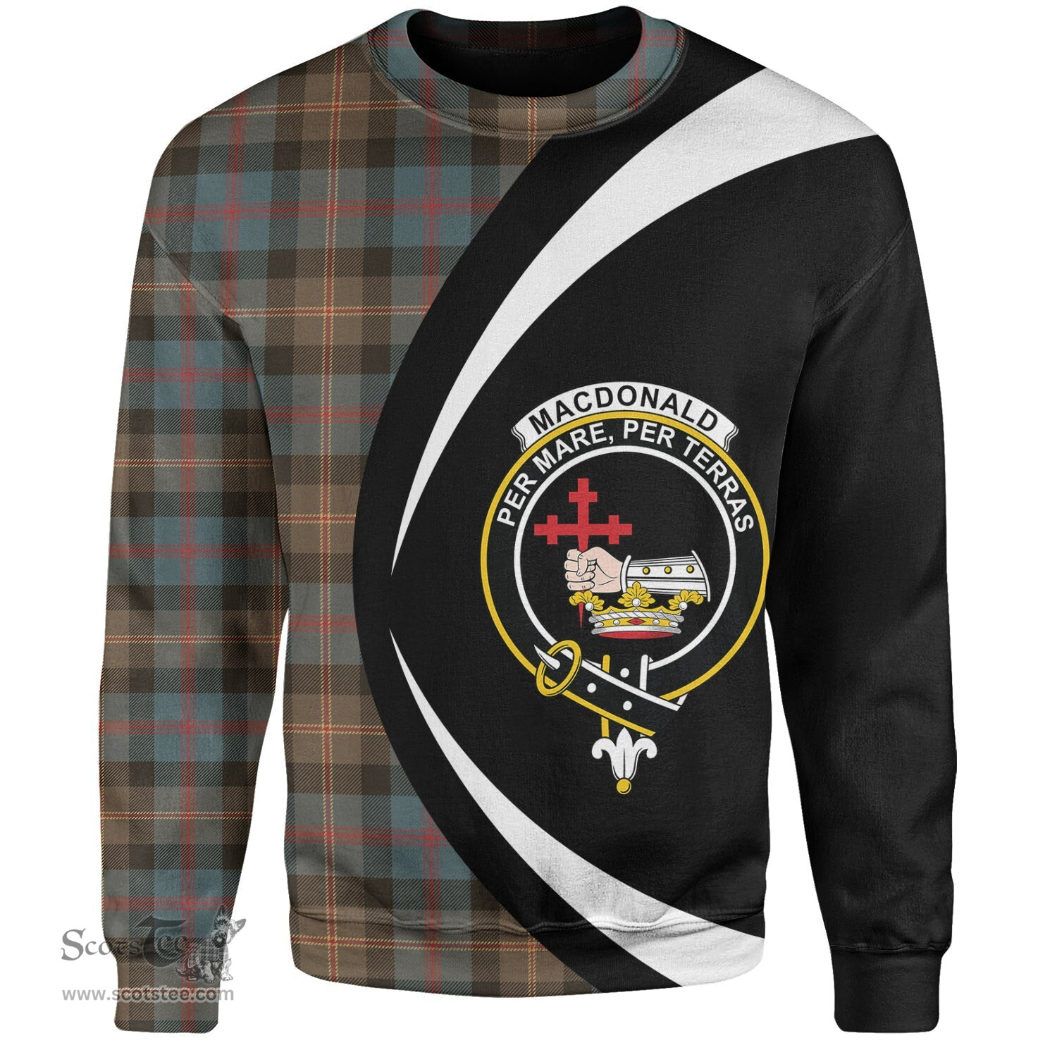 ScotsTee Shop Scottish MacDonald of Borrodale (Donald Borrodale Historic) Weathered Clan Crest Personalized Tartan Sweatshirt Circle Style Back Shirt with Your Text