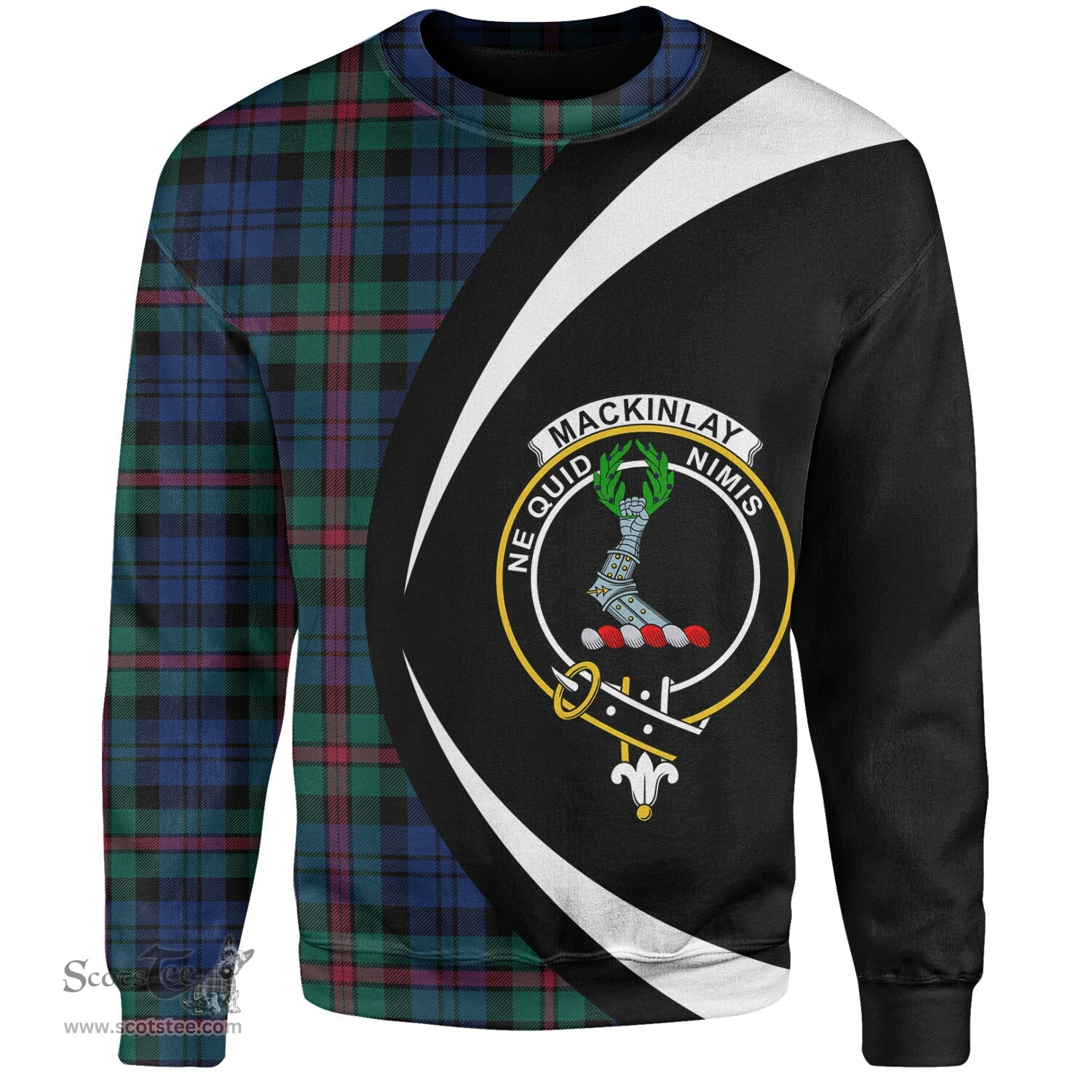 ScotsTee Shop Scottish MacKinlay Modern Clan Crest Personalized Tartan Sweatshirt Circle Style Back Shirt with Your Text