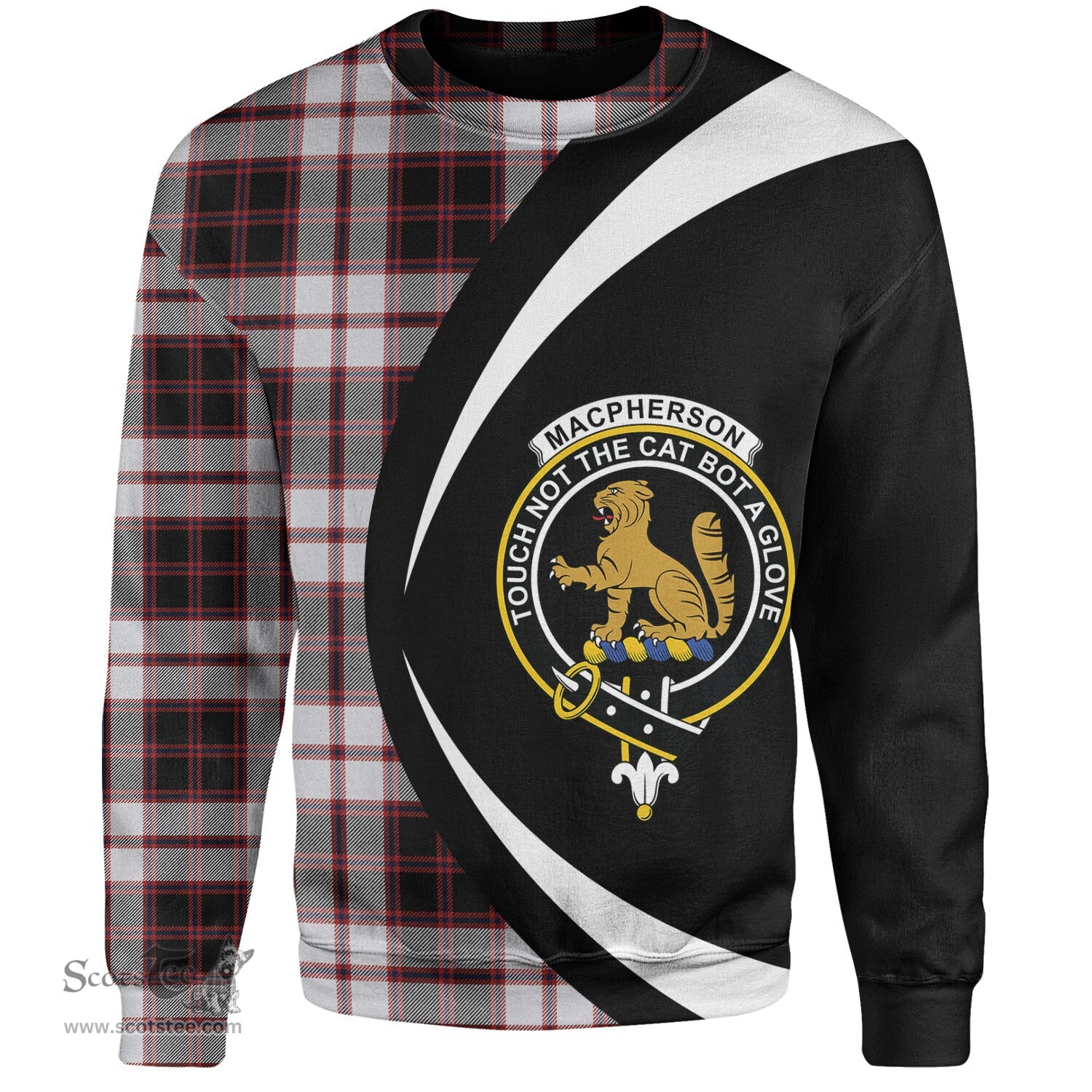 ScotsTee Shop Scottish MacPherson of Pitmain Modern Clan Crest Personalized Tartan Sweatshirt Circle Style Back Shirt with Your Text