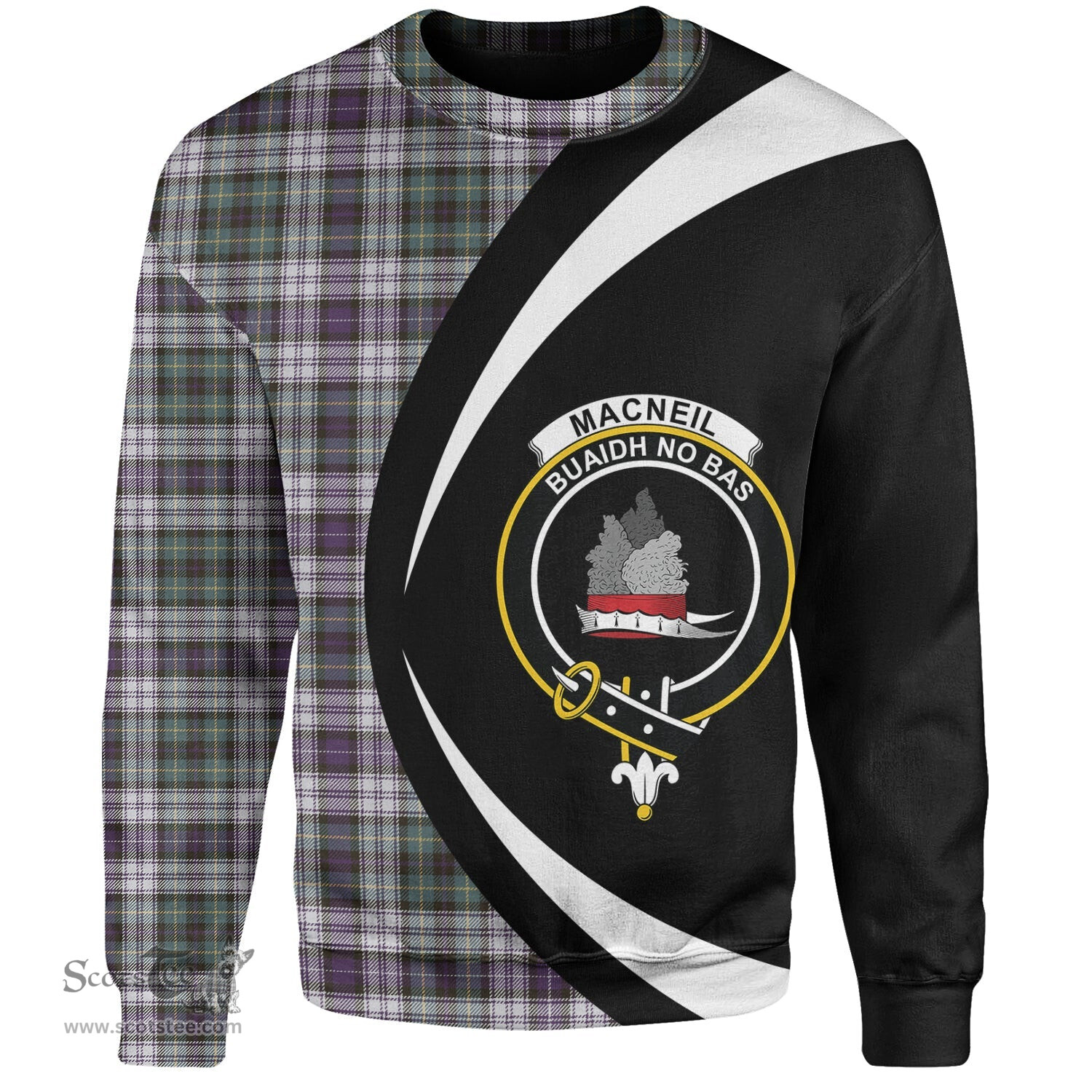 ScotsTee Shop Scottish MacNeil of Barra (MacNeil MacNeill) Paton Dress Weathered Clan Crest Personalized Tartan Sweatshirt Circle Style Back Shirt with Your Text