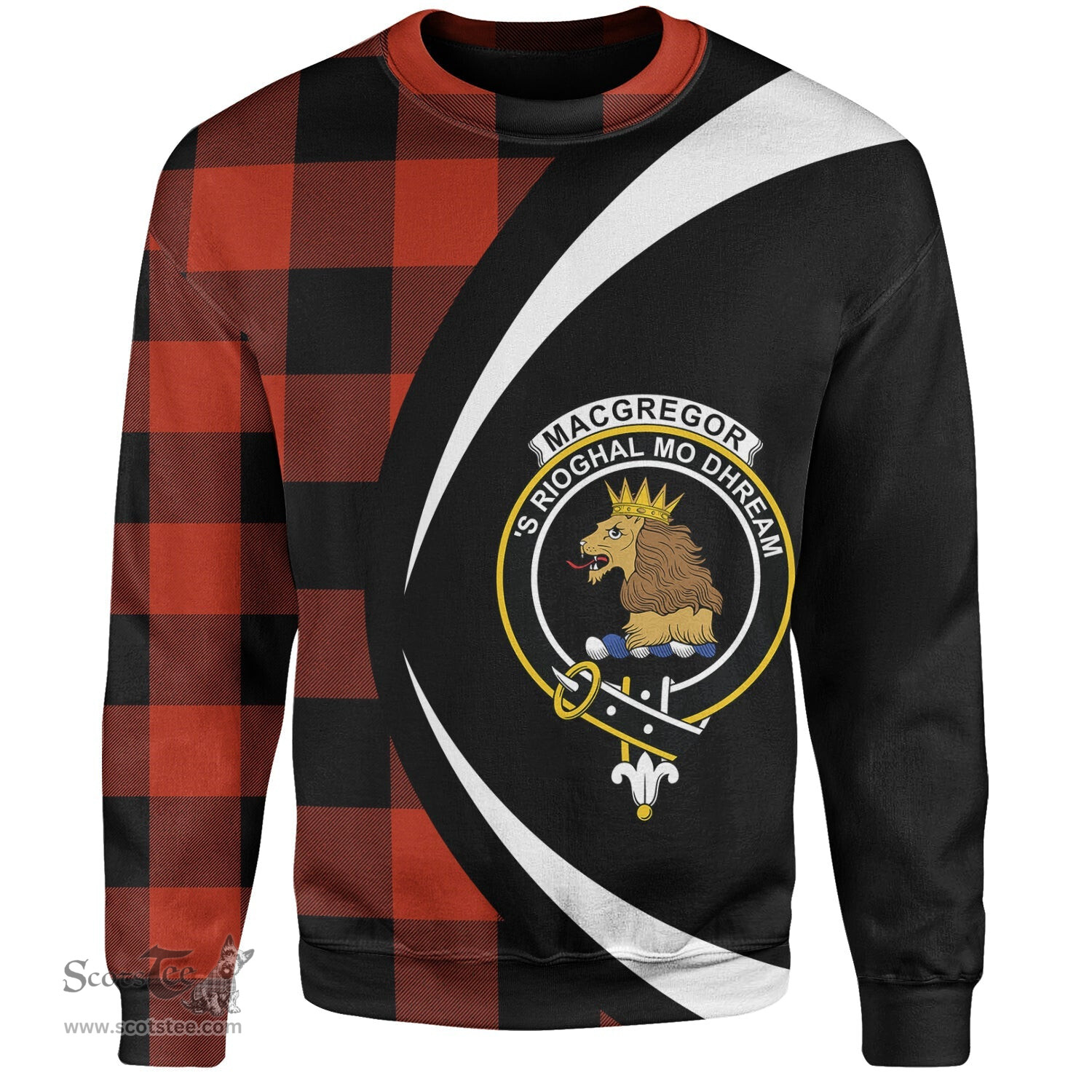 ScotsTee Shop Scottish MacGregor Rob Roy (Gregor Red & Black) Ancient Clan Crest Personalized Tartan Sweatshirt Circle Style Back Shirt with Your Text