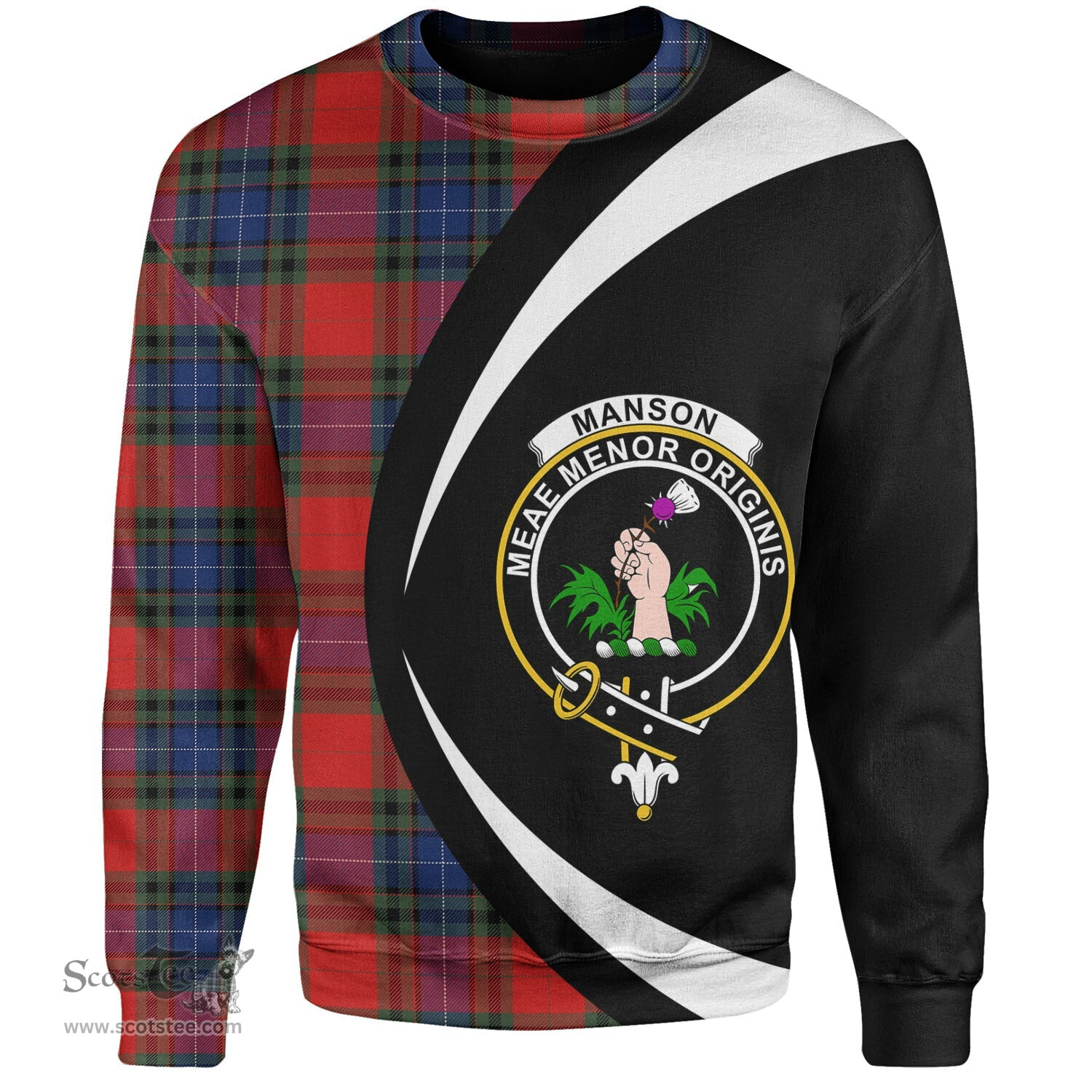 ScotsTee Shop Scottish Manson Modern Clan Crest Personalized Tartan Sweatshirt Circle Style Back Shirt with Your Text