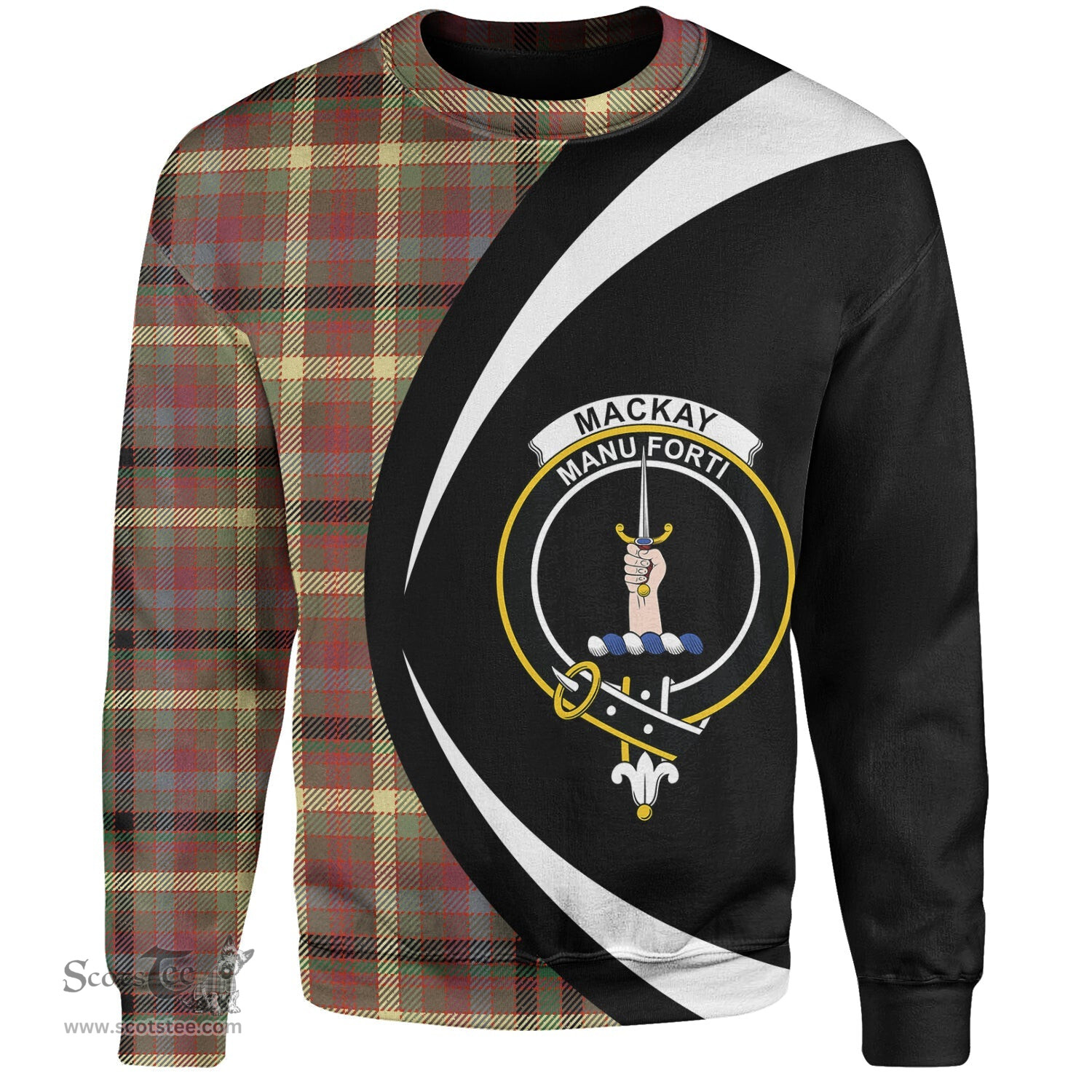 ScotsTee Shop Scottish MacKay of Strathnaver Ancient Clan Crest Personalized Tartan Sweatshirt Circle Style Back Shirt with Your Text