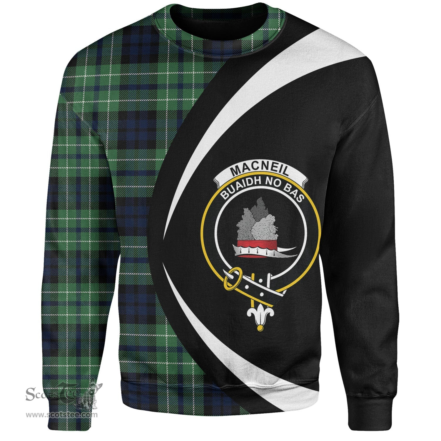 ScotsTee Shop Scottish MacNeil of Colonsay (MacNeil of Barra of Colonsay) Modern Clan Crest Personalized Tartan Sweatshirt Circle Style Back Shirt with Your Text