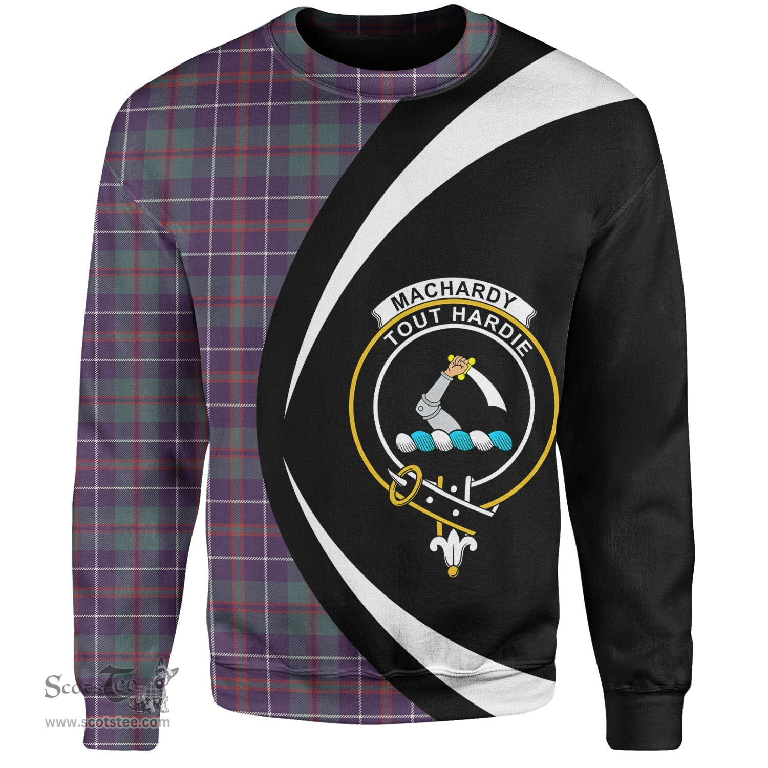 ScotsTee Shop Scottish MacHardy Weathered Clan Crest Personalized Tartan Sweatshirt Circle Style Back Shirt with Your Text