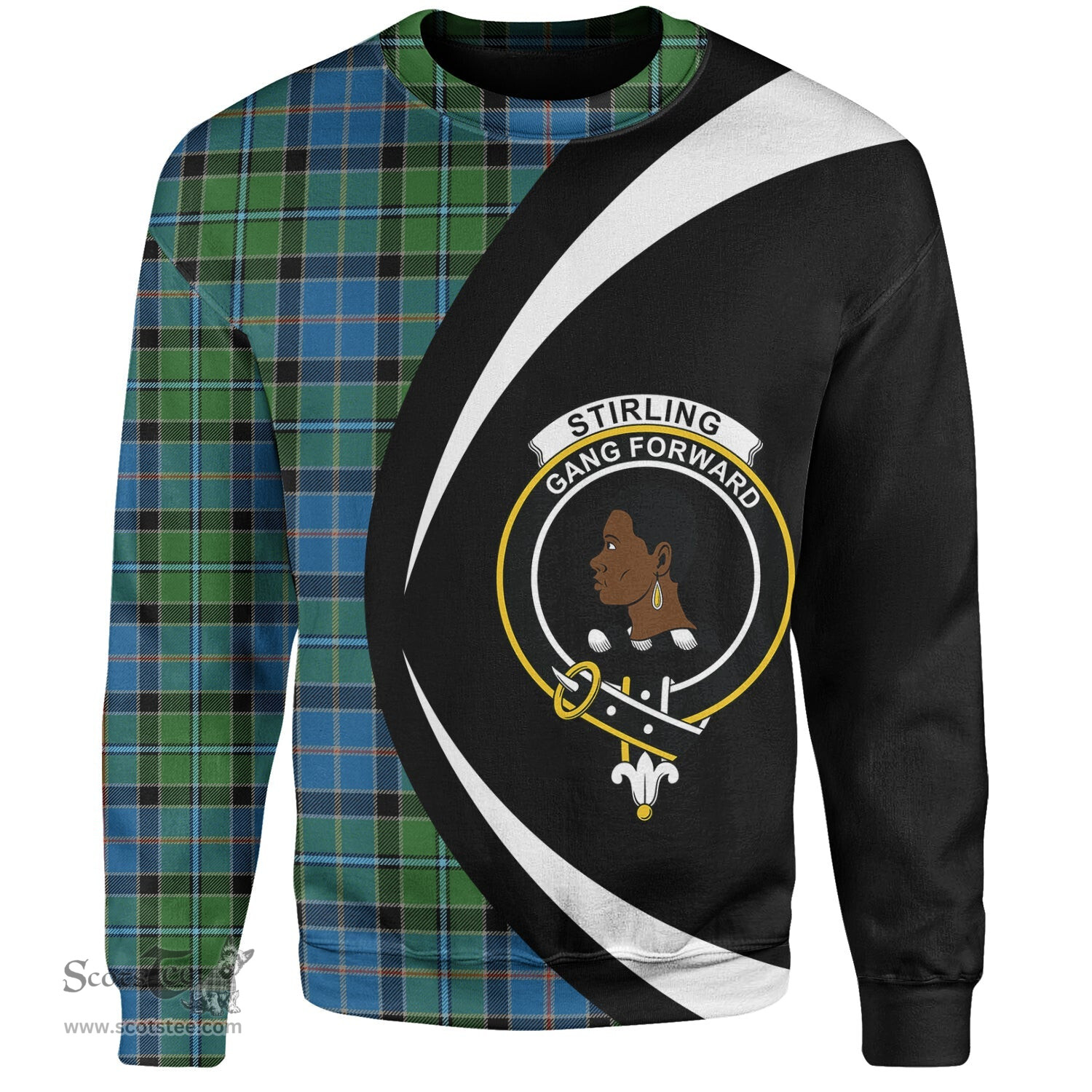ScotsTee Shop Scottish Stirling Ancient Clan Crest Personalized Tartan Sweatshirt Circle Style Back Shirt with Your Text