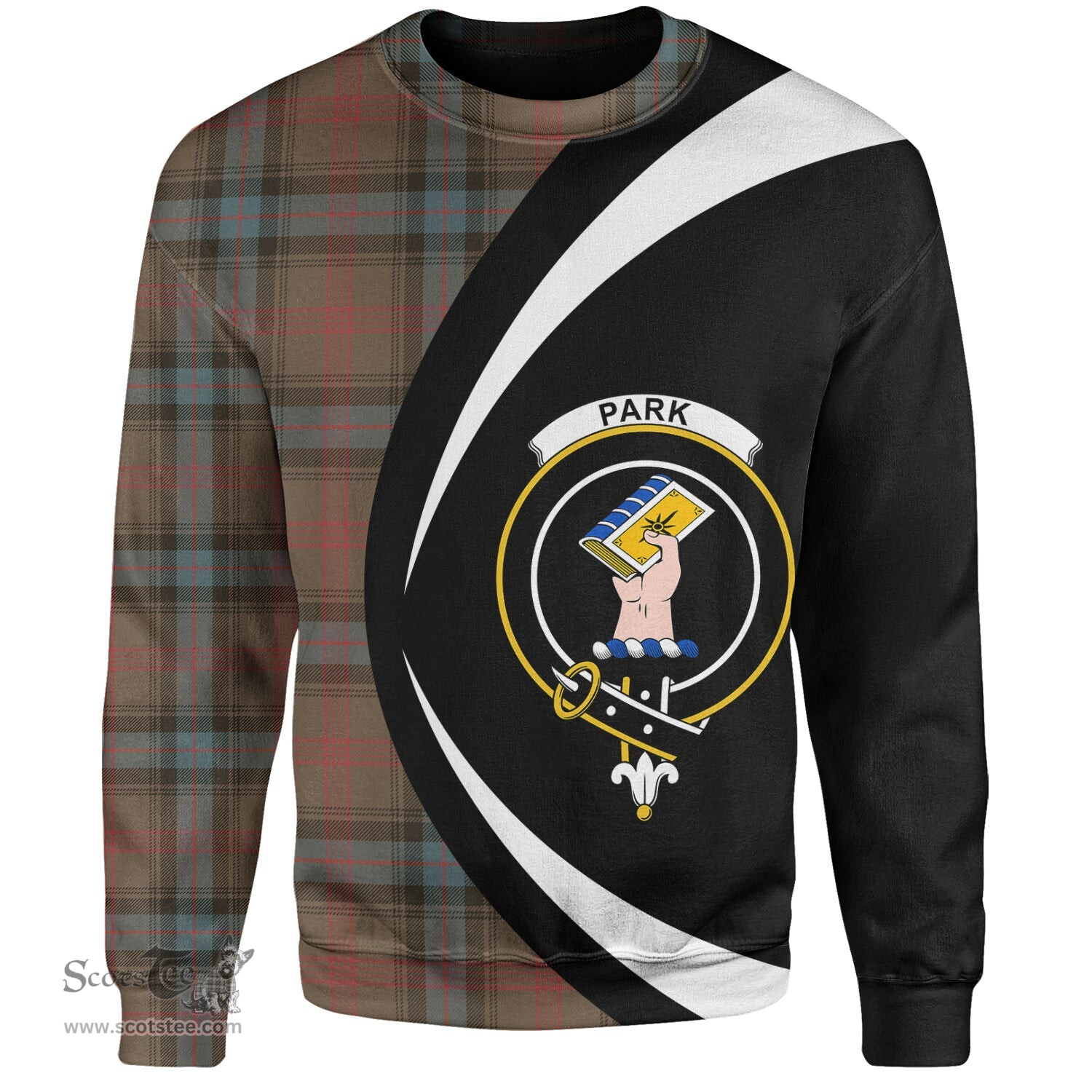 ScotsTee Shop Scottish Park Weathered Clan Crest Personalized Tartan Sweatshirt Circle Style Back Shirt with Your Text
