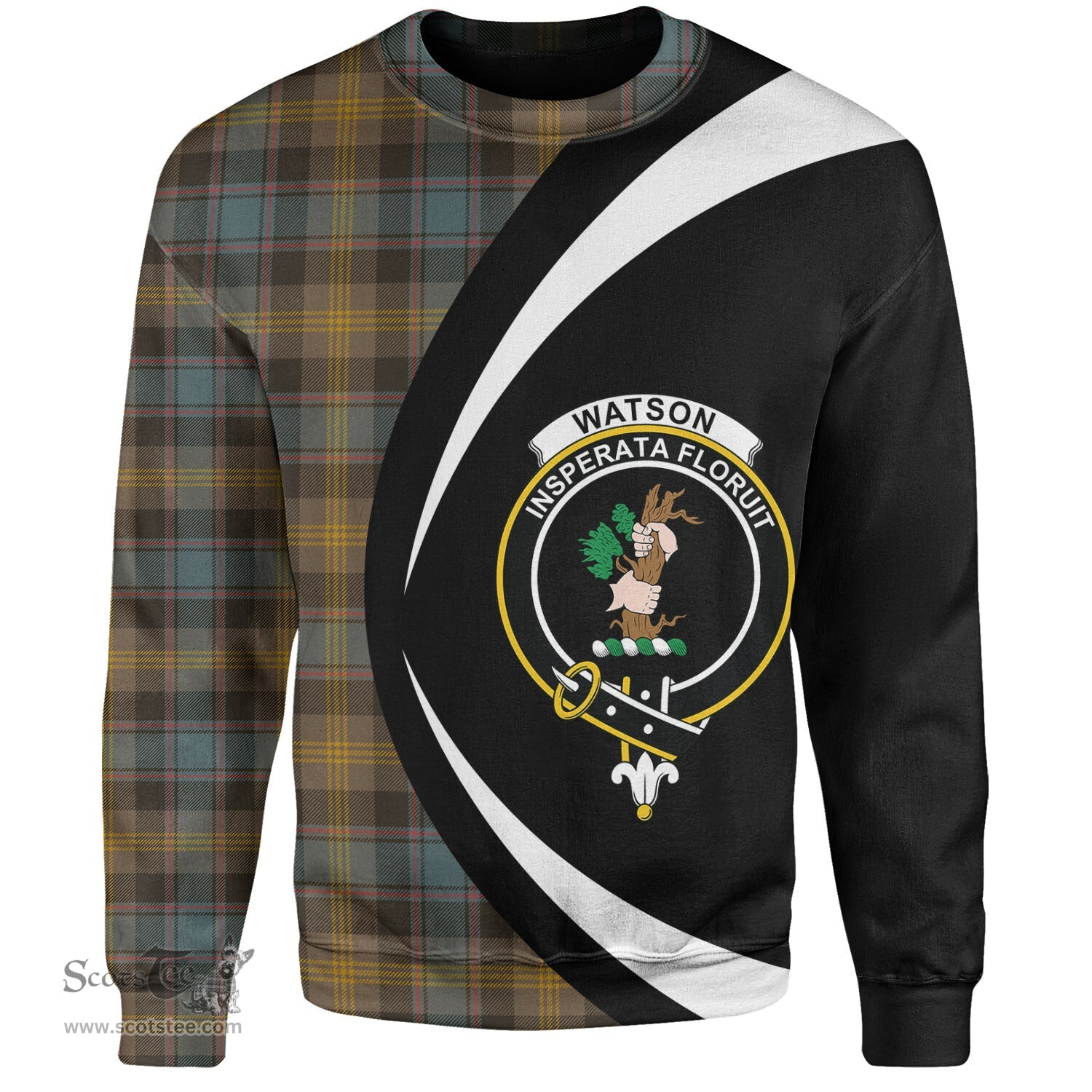 ScotsTee Shop Scottish Watson (Wate Watt) Weathered Clan Crest Personalized Tartan Sweatshirt Circle Style Back Shirt with Your Text