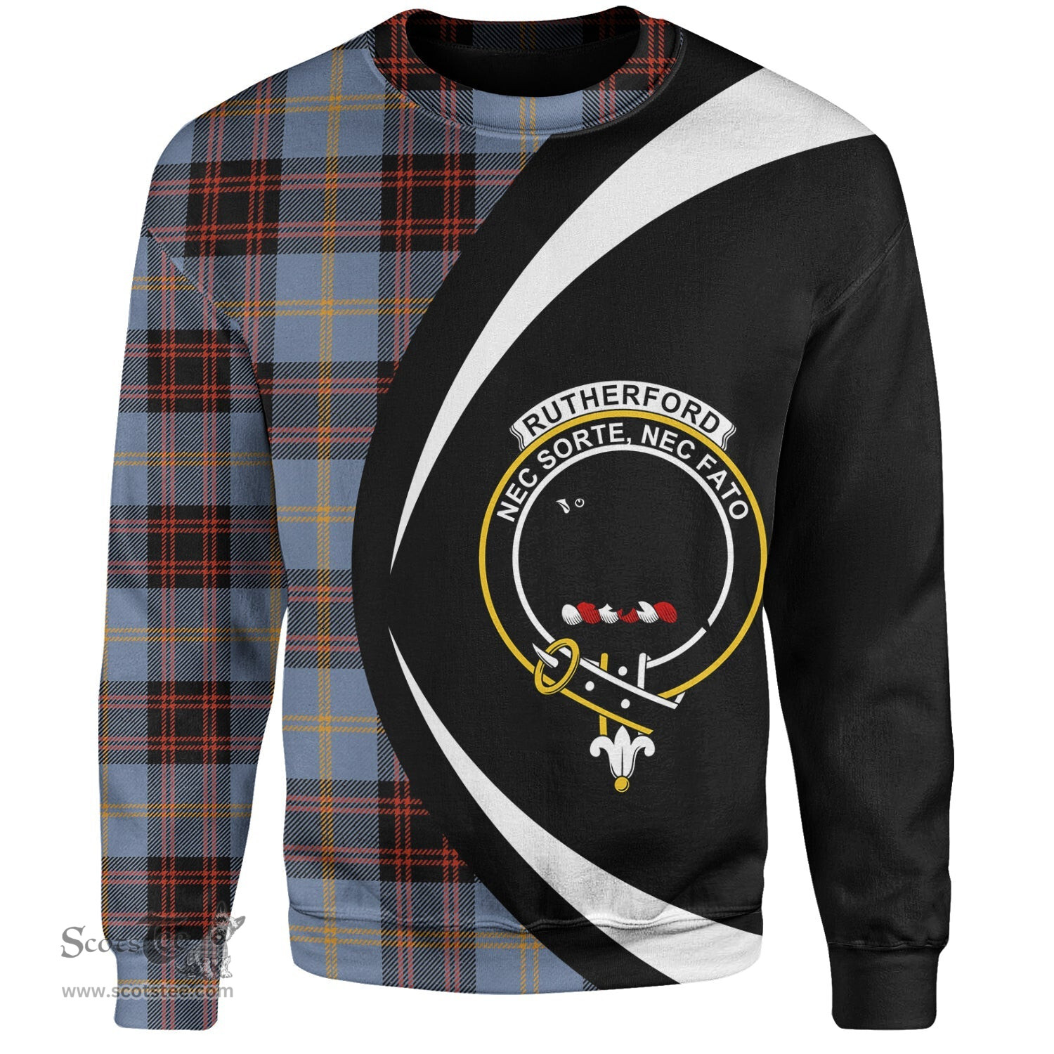 ScotsTee Shop Scottish Rutherford Ancient Clan Crest Personalized Tartan Sweatshirt Circle Style Back Shirt with Your Text