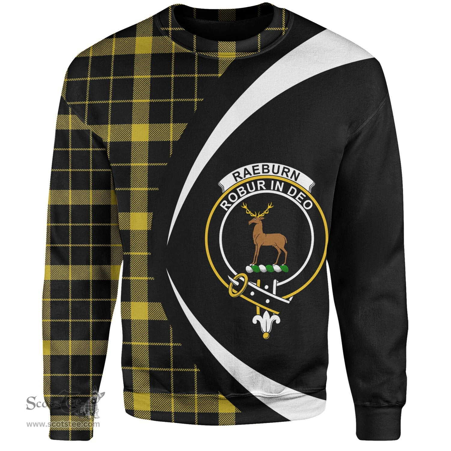 ScotsTee Shop Scottish Raeburn Modern Clan Crest Personalized Tartan Sweatshirt Circle Style Back Shirt with Your Text