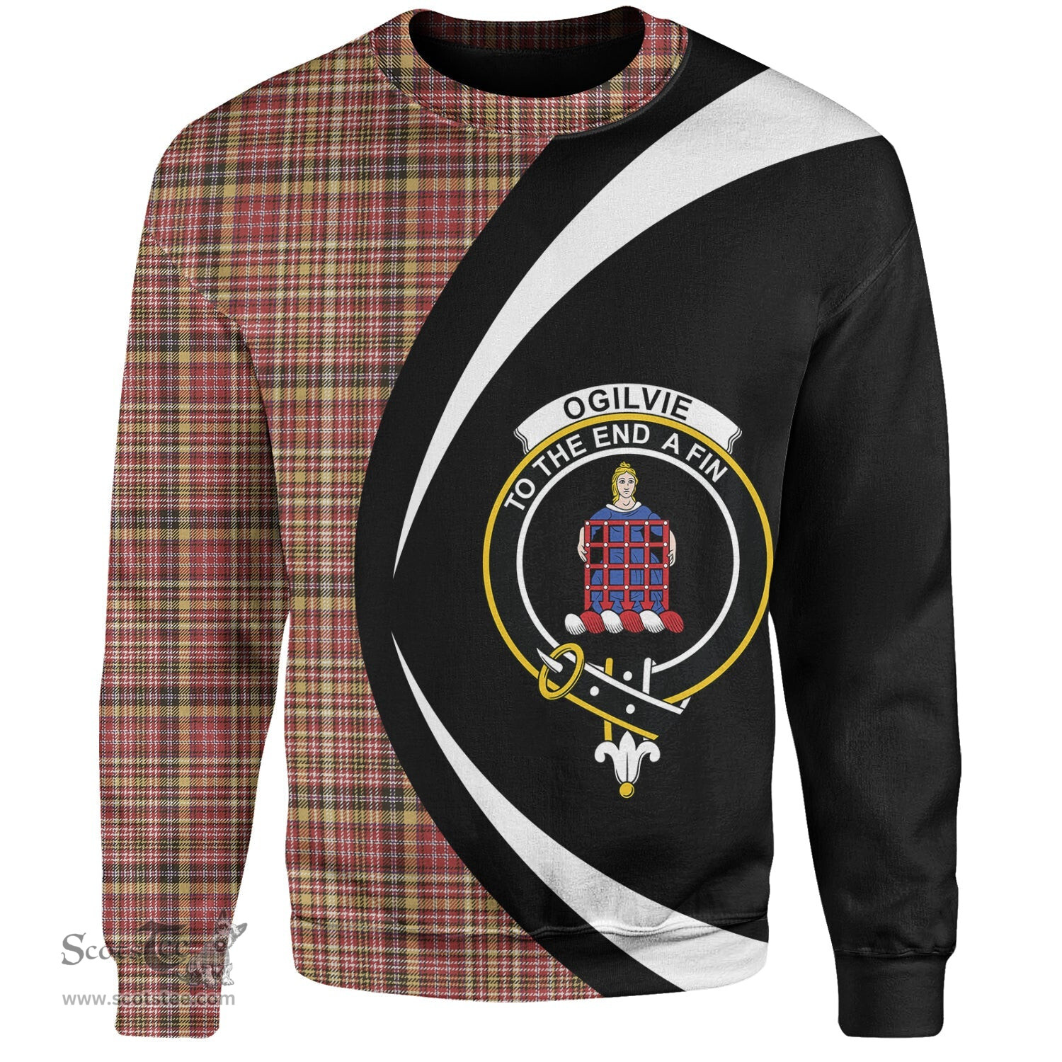 ScotsTee Shop Scottish Ogilvie of Strathallan Weathered Clan Crest Personalized Tartan Sweatshirt Circle Style Back Shirt with Your Text
