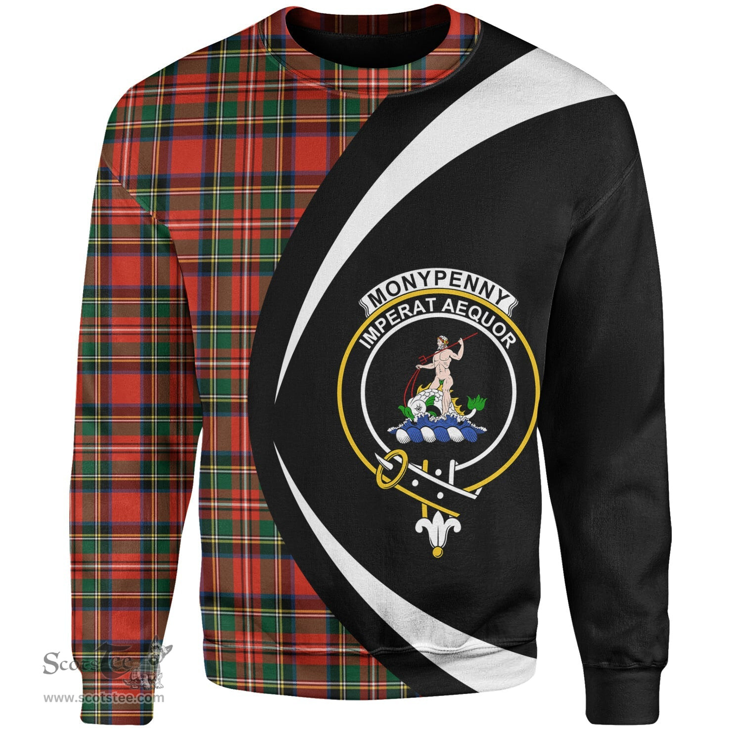 ScotsTee Shop Scottish Monypenny Clan Crest Personalized Tartan Sweatshirt Circle Style Back Shirt with Your Text