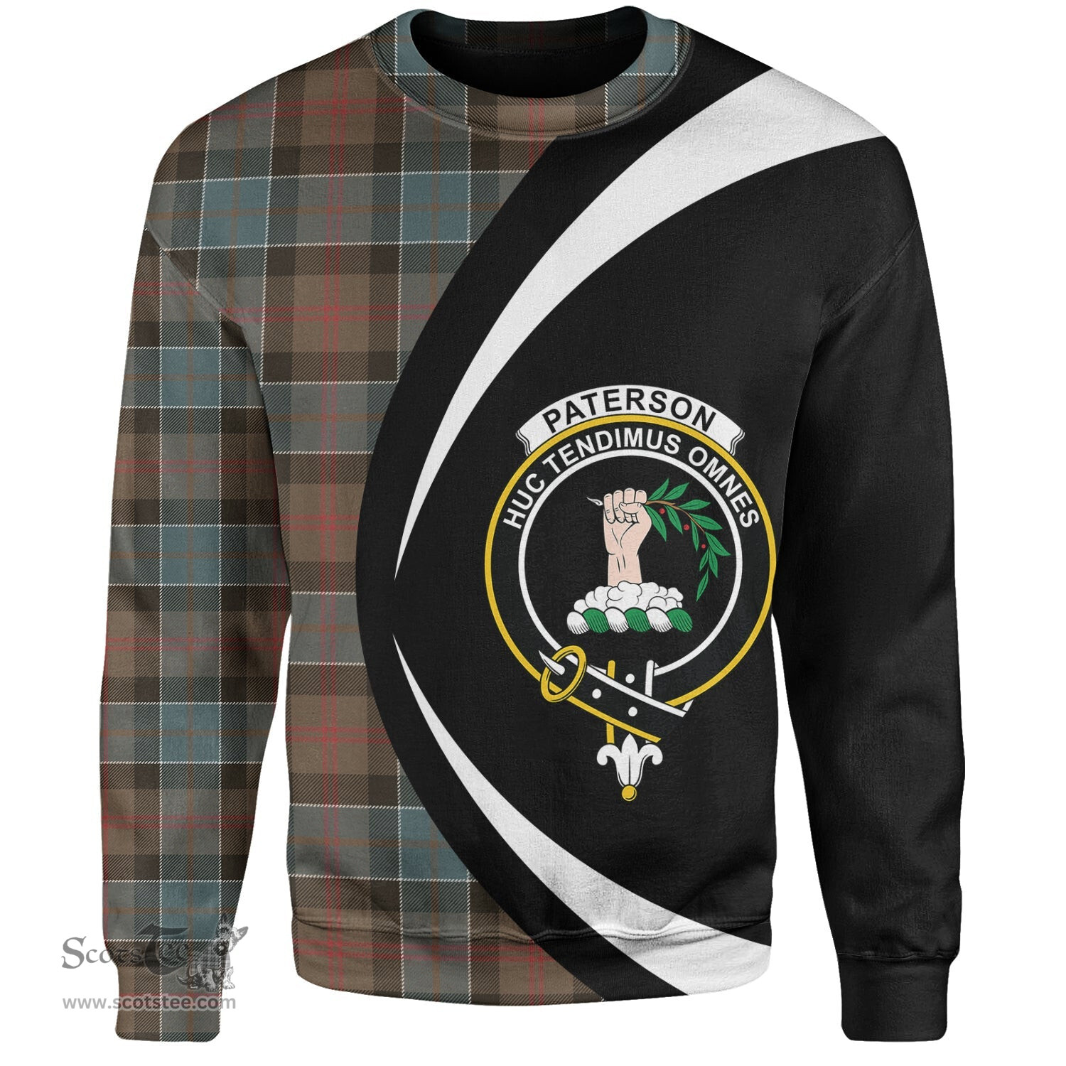 ScotsTee Shop Scottish Paterson Weathered Clan Crest Personalized Tartan Sweatshirt Circle Style Back Shirt with Your Text