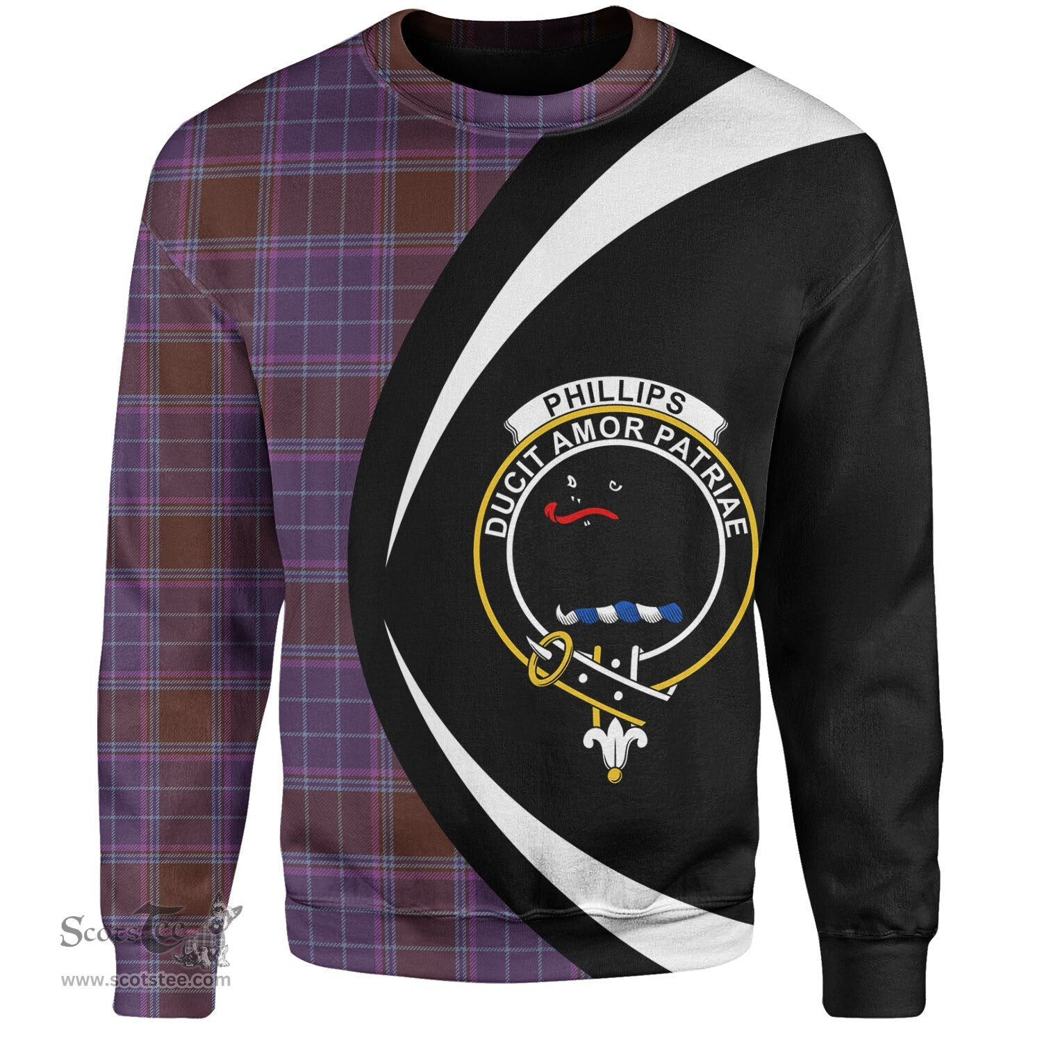 ScotsTee Shop Scottish Phillips Weathered Clan Crest Personalized Tartan Sweatshirt Circle Style Back Shirt with Your Text