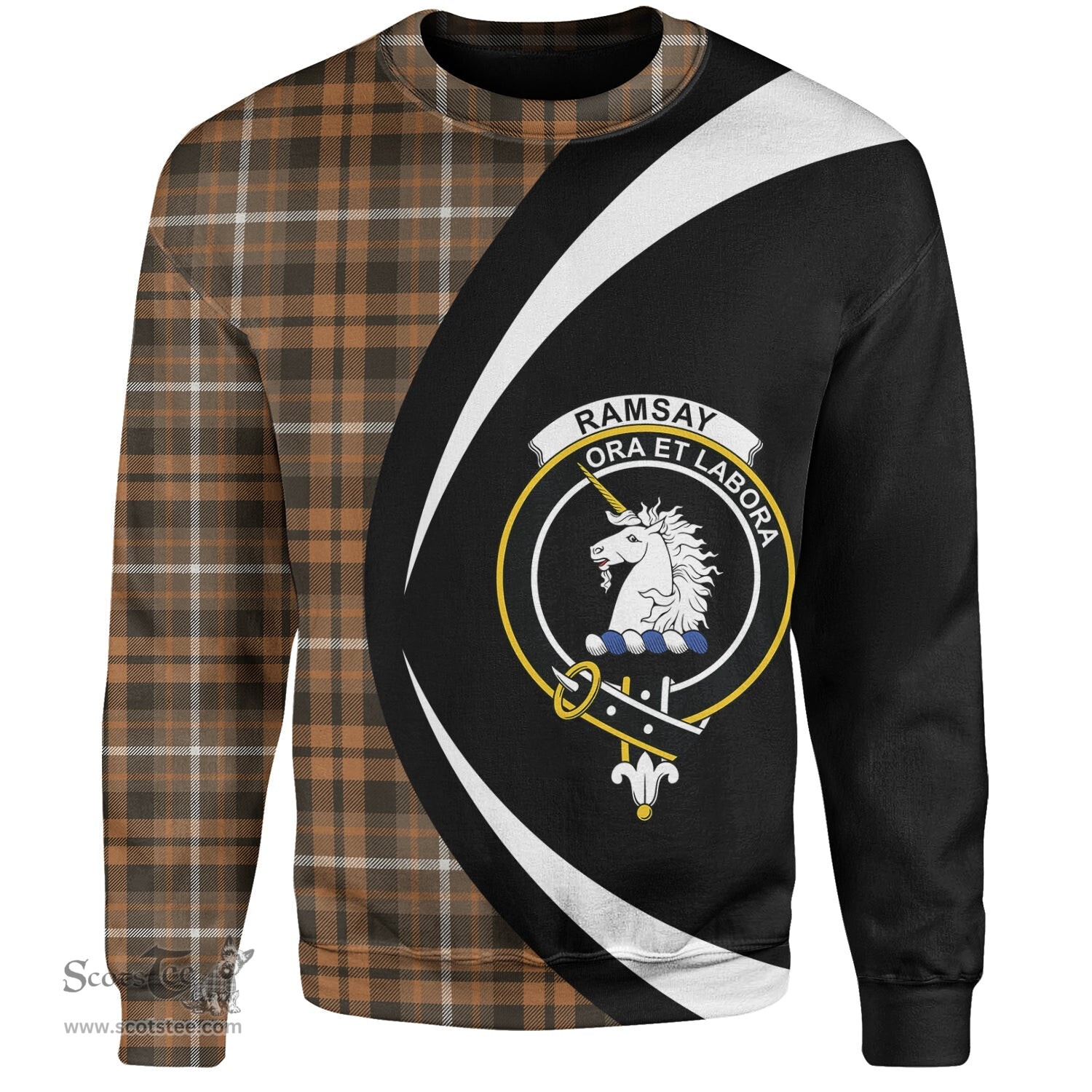 ScotsTee Shop Scottish Ramsay Orange Weathered Clan Crest Personalized Tartan Sweatshirt Circle Style Back Shirt with Your Text