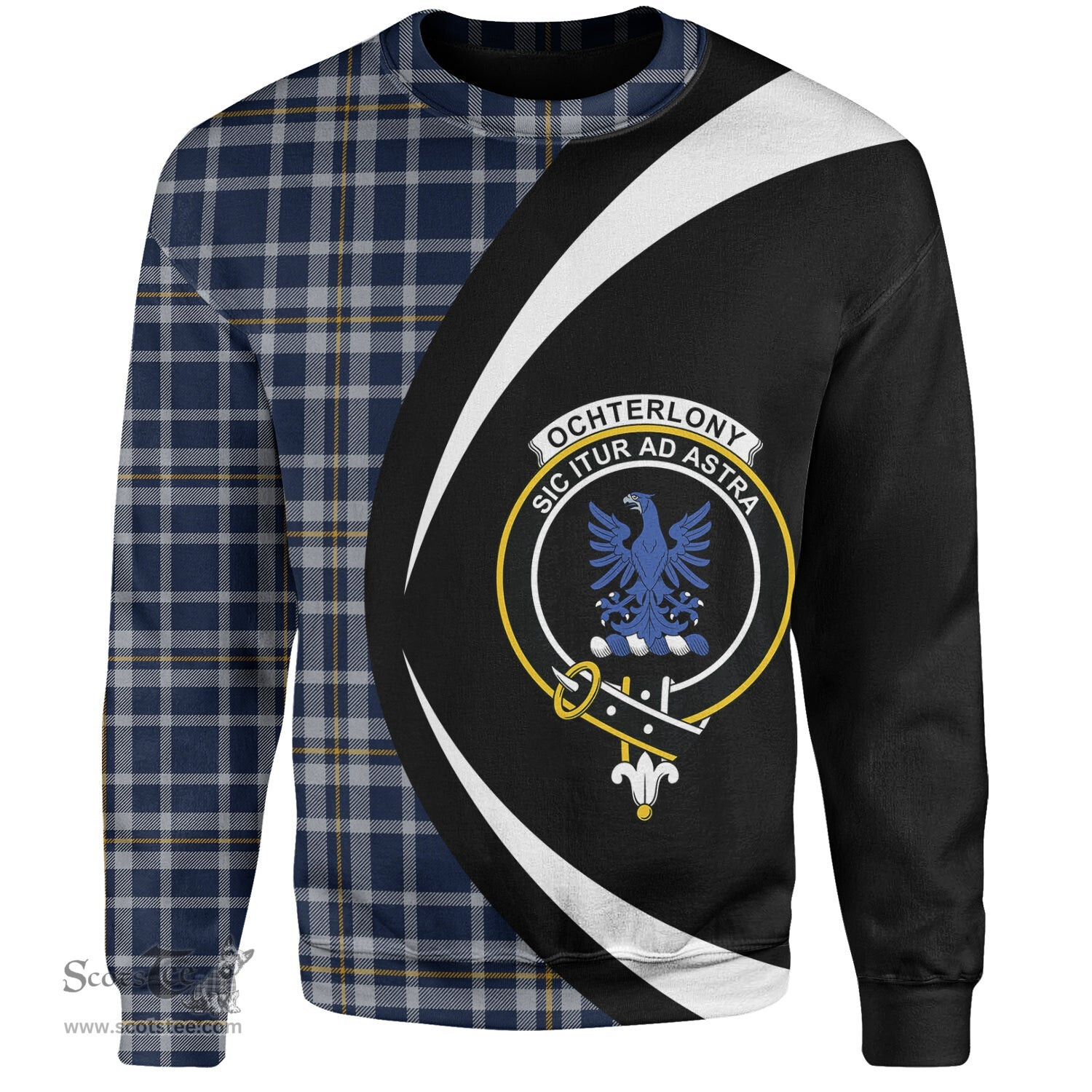 ScotsTee Shop Scottish Ochterlony (Auchterlony) Modern Clan Crest Personalized Tartan Sweatshirt Circle Style Back Shirt with Your Text