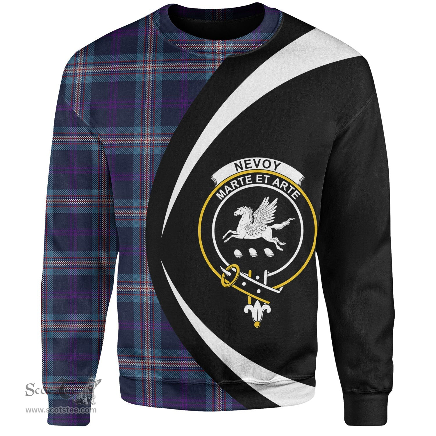 ScotsTee Shop Scottish Nevoy Clan Crest Personalized Tartan Sweatshirt Circle Style Back Shirt with Your Text