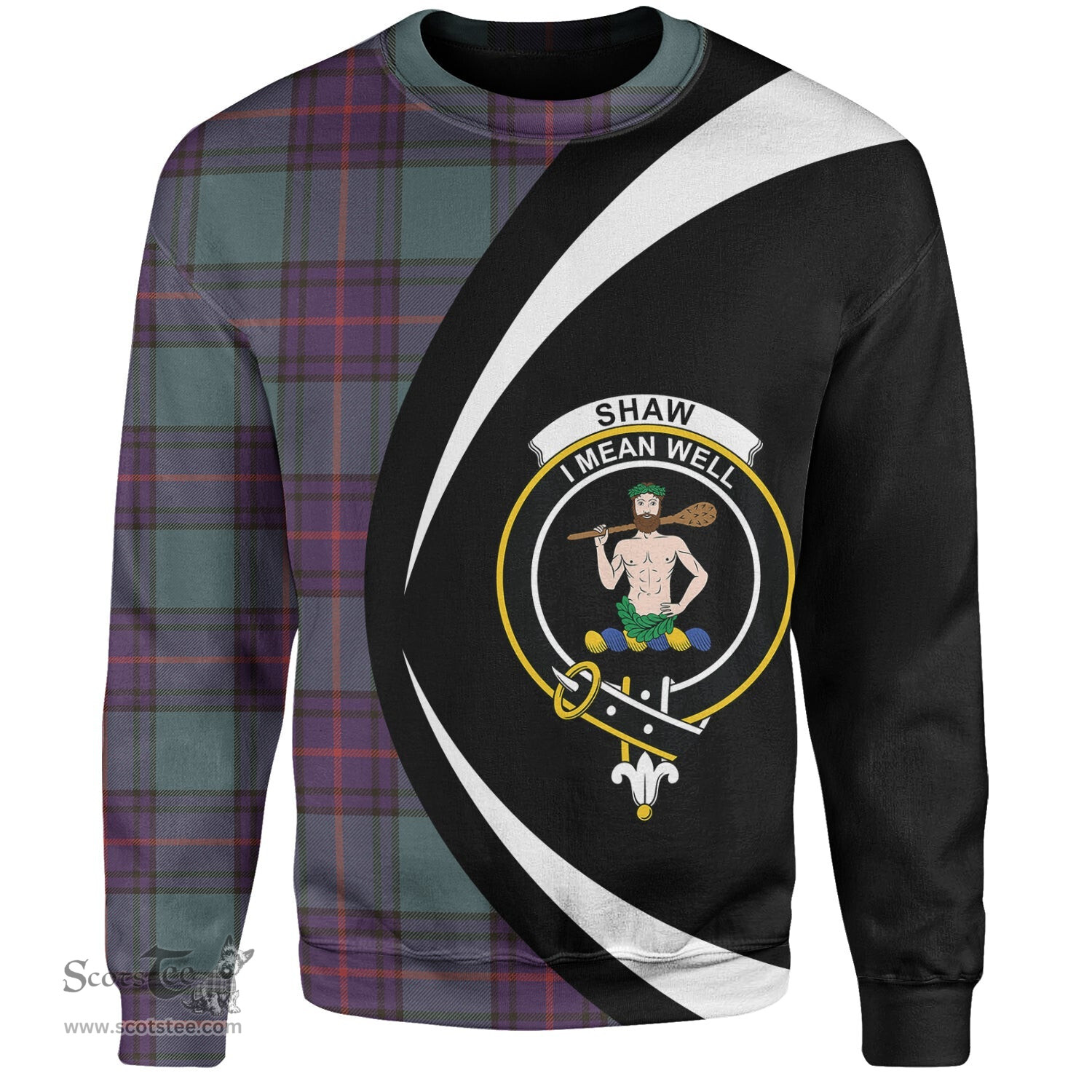 ScotsTee Shop Scottish Shaw Weathered Clan Crest Personalized Tartan Sweatshirt Circle Style Back Shirt with Your Text