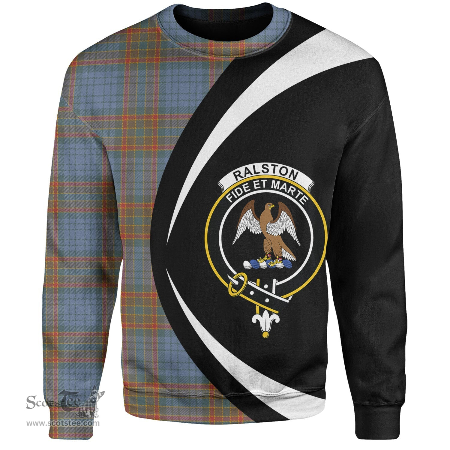 ScotsTee Shop Scottish Ralston UK Weathered Clan Crest Personalized Tartan Sweatshirt Circle Style Back Shirt with Your Text