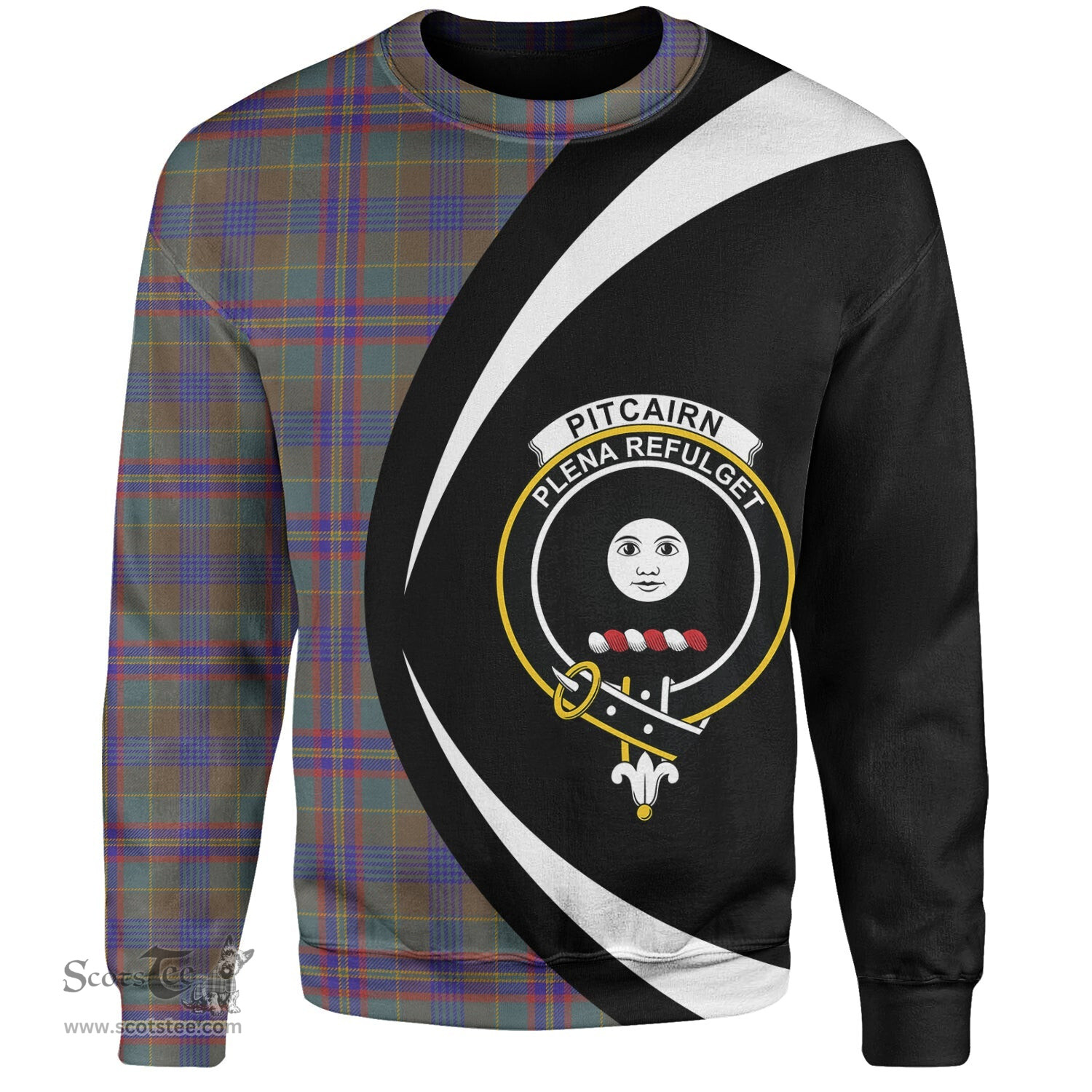 ScotsTee Shop Scottish Pitcairn Hunting Weathered Clan Crest Personalized Tartan Sweatshirt Circle Style Back Shirt with Your Text