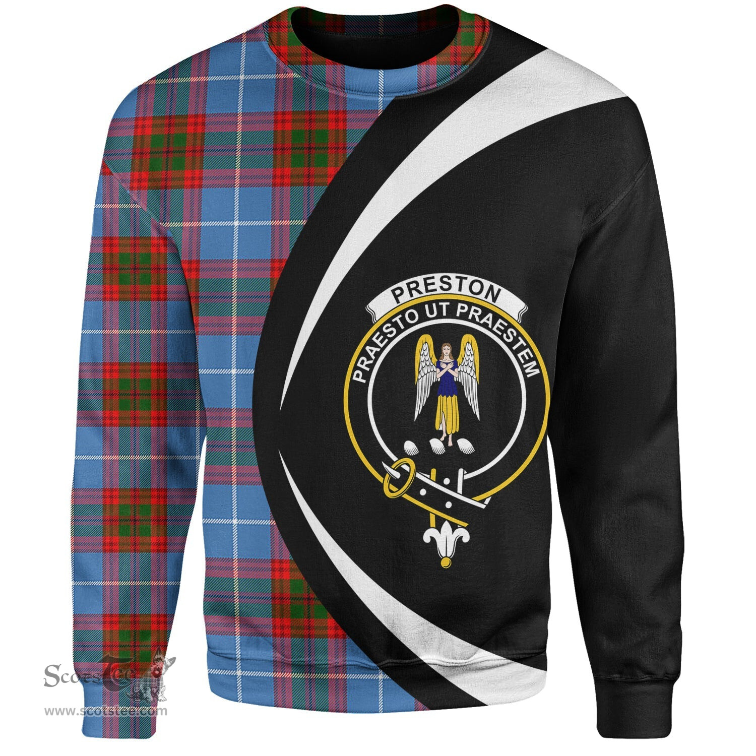 ScotsTee Shop Scottish Preston Clan Crest Personalized Tartan Sweatshirt Circle Style Back Shirt with Your Text