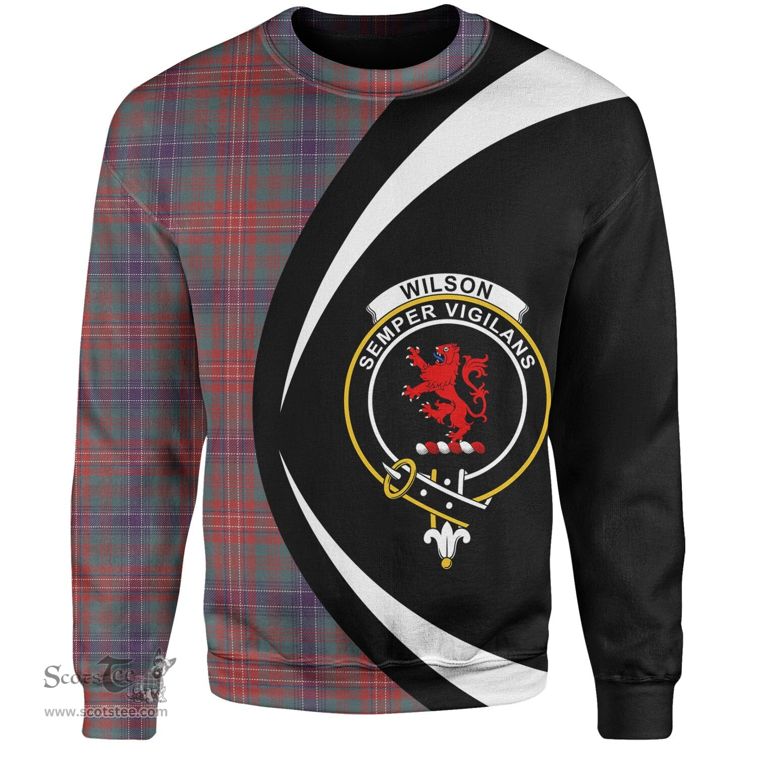 ScotsTee Shop Scottish Wilson Weathered Clan Crest Personalized Tartan Sweatshirt Circle Style Back Shirt with Your Text