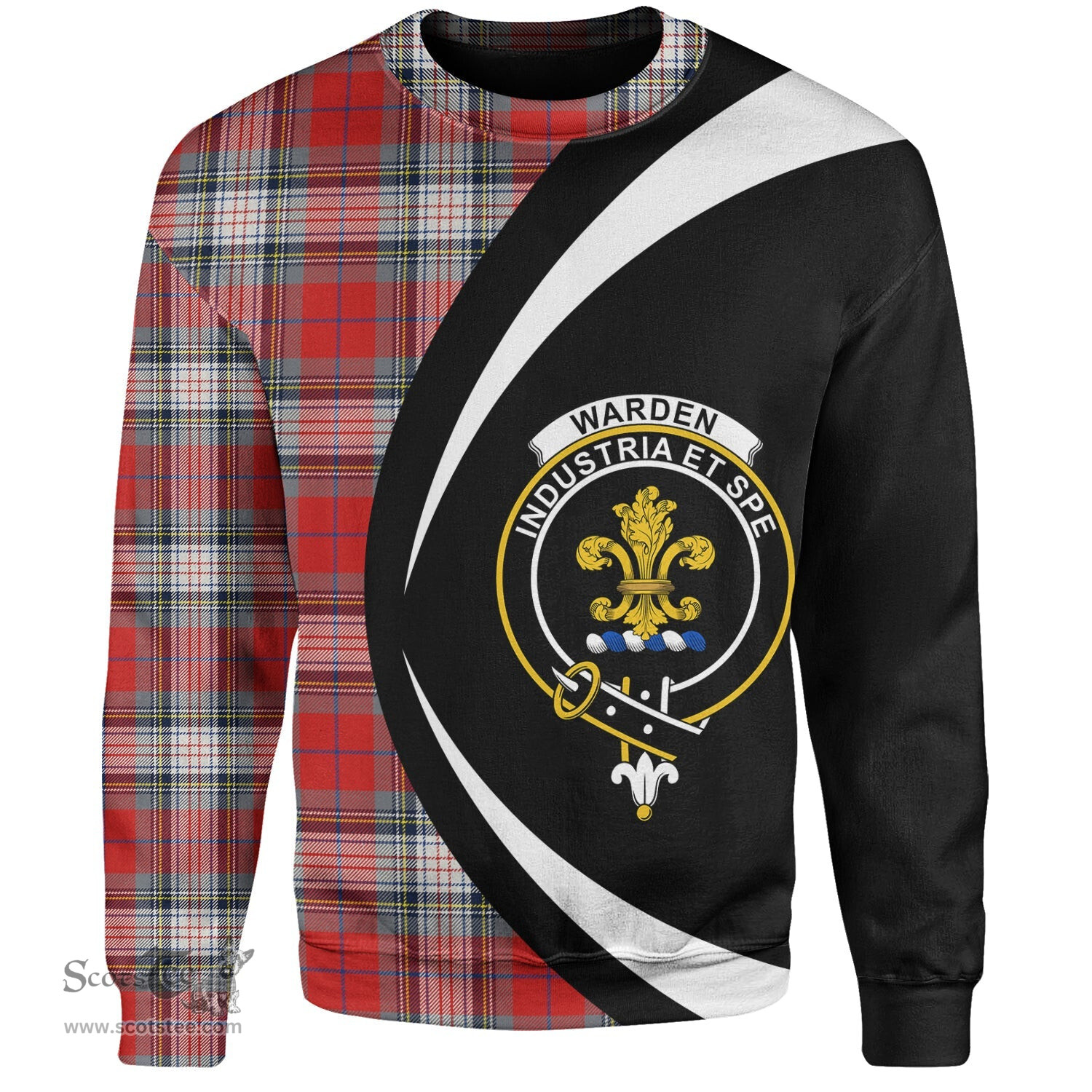 ScotsTee Shop Scottish Warden Modern Clan Crest Personalized Tartan Sweatshirt Circle Style Back Shirt with Your Text